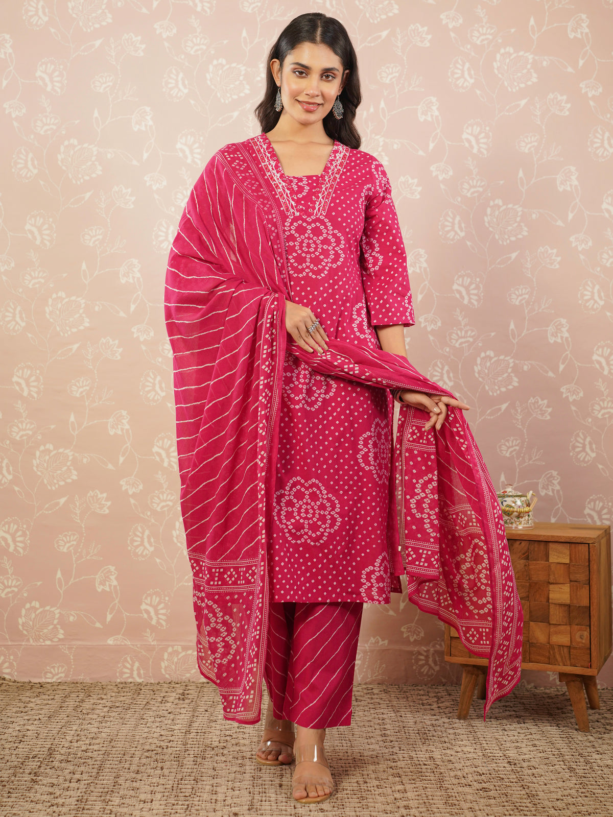 Embroidered soft cotton bandhani straight royal pink kurta