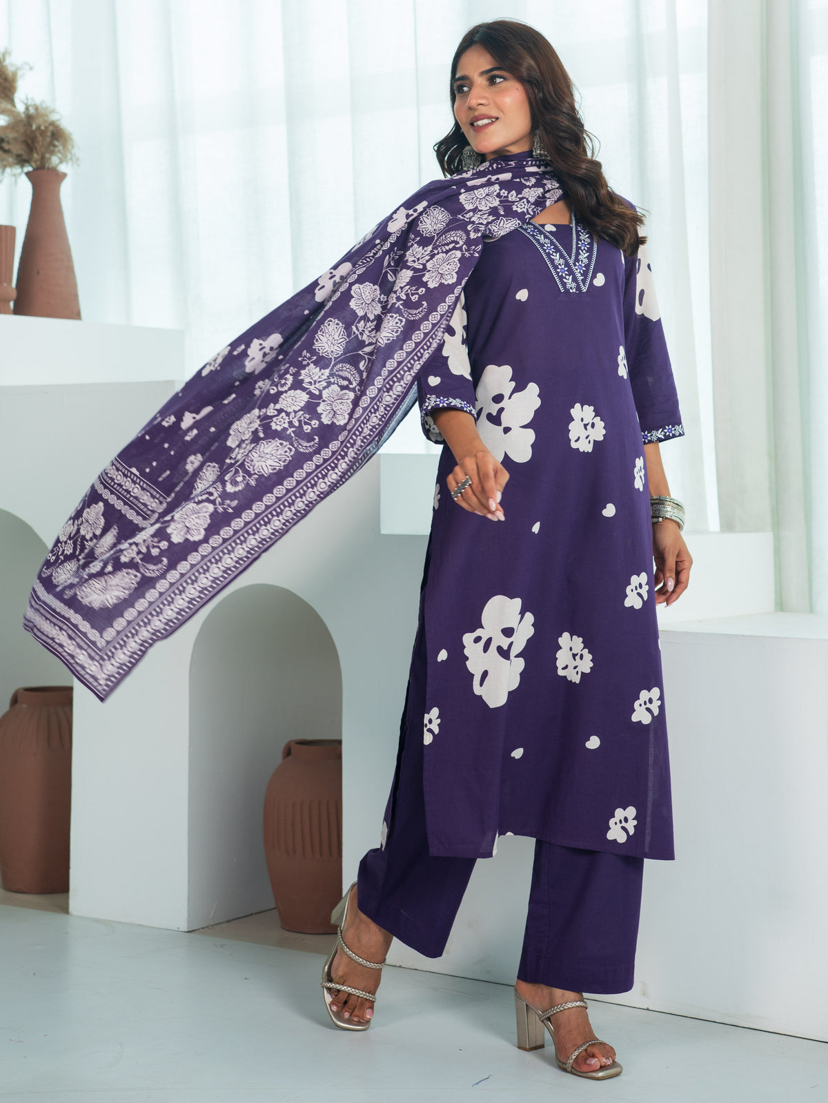 Cotton Voile Floral Violet Dupatta