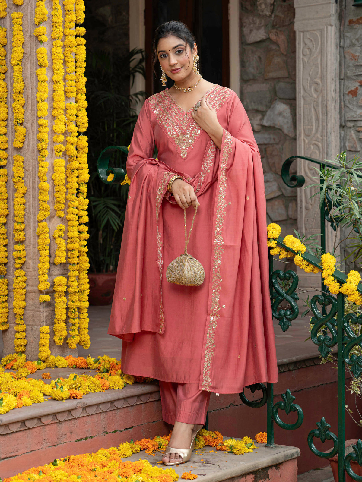 Embroidered chanderi solid flared peach kurta