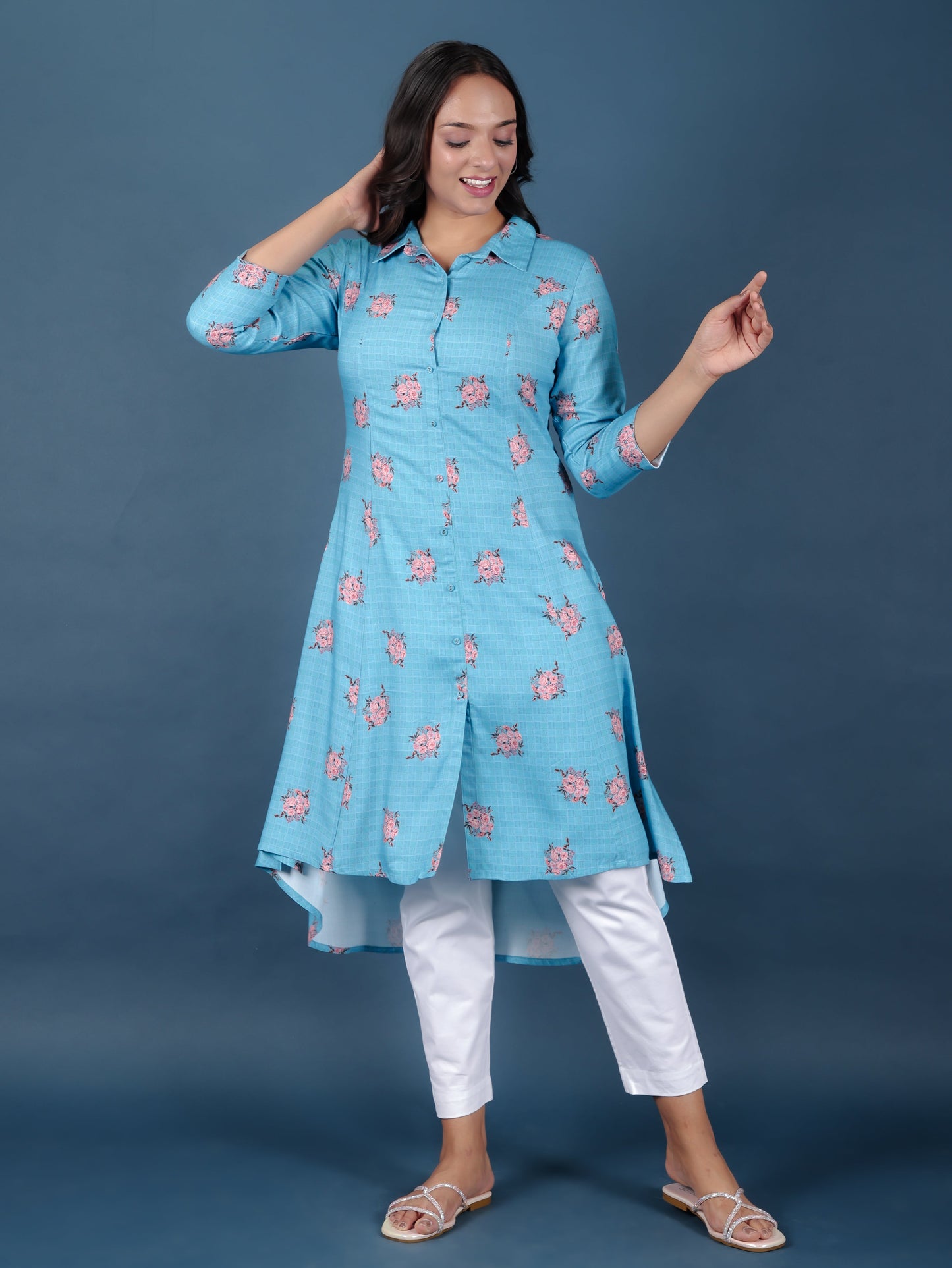 Viscose Floral High Low Blue Kurta