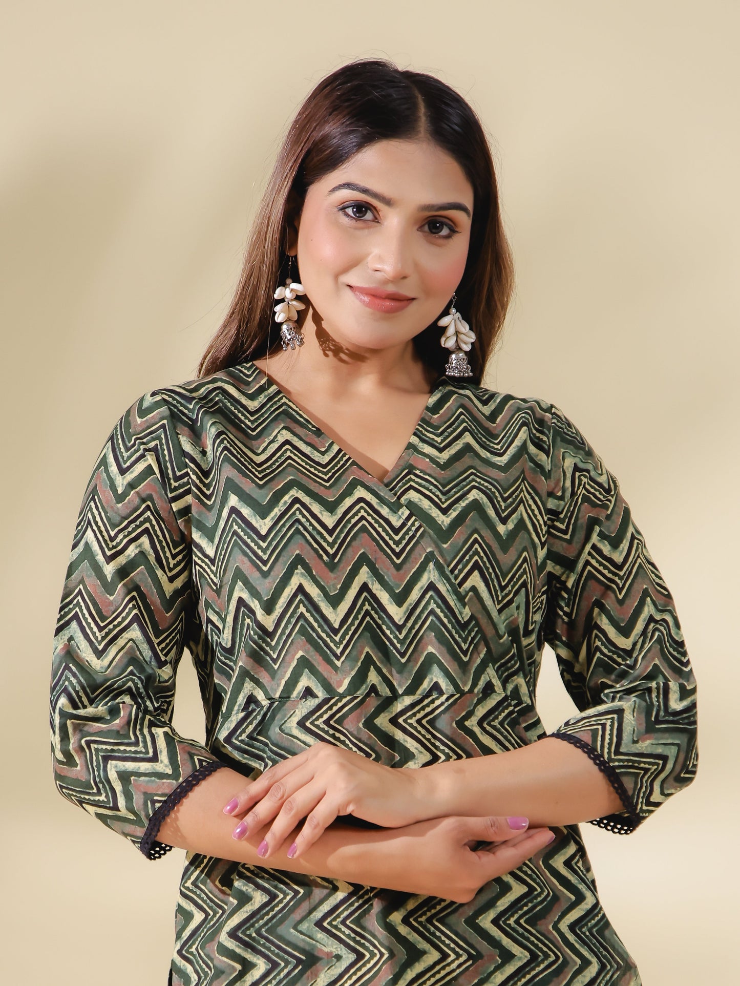 Soft Cotton Chevron Angrakha Green Kurta