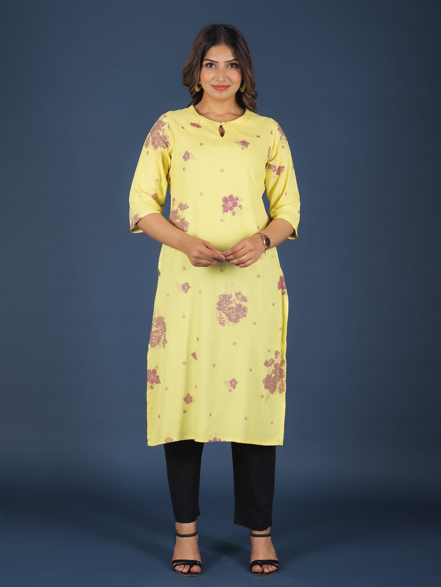 Soft Cotton Gold foil Straight Yellow Kurta