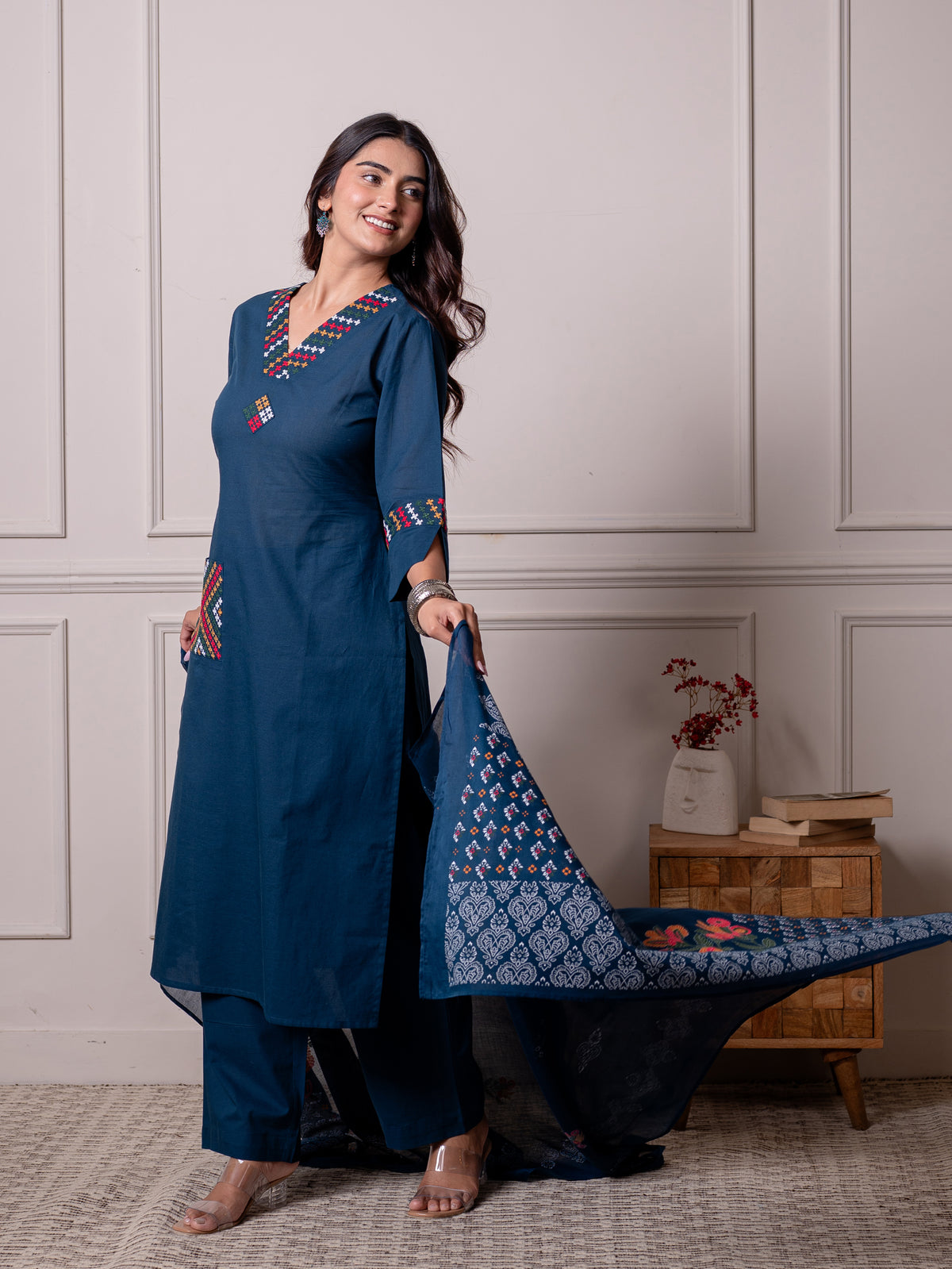 Cotton Voile Floral Dupatta Blue Dupatta
