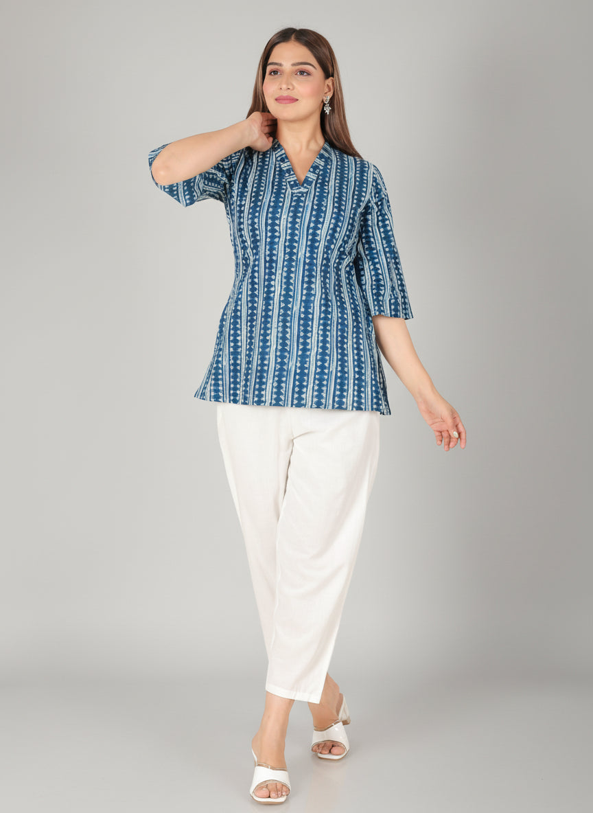 Soft Cotton Striped Straight Blue Kurti
