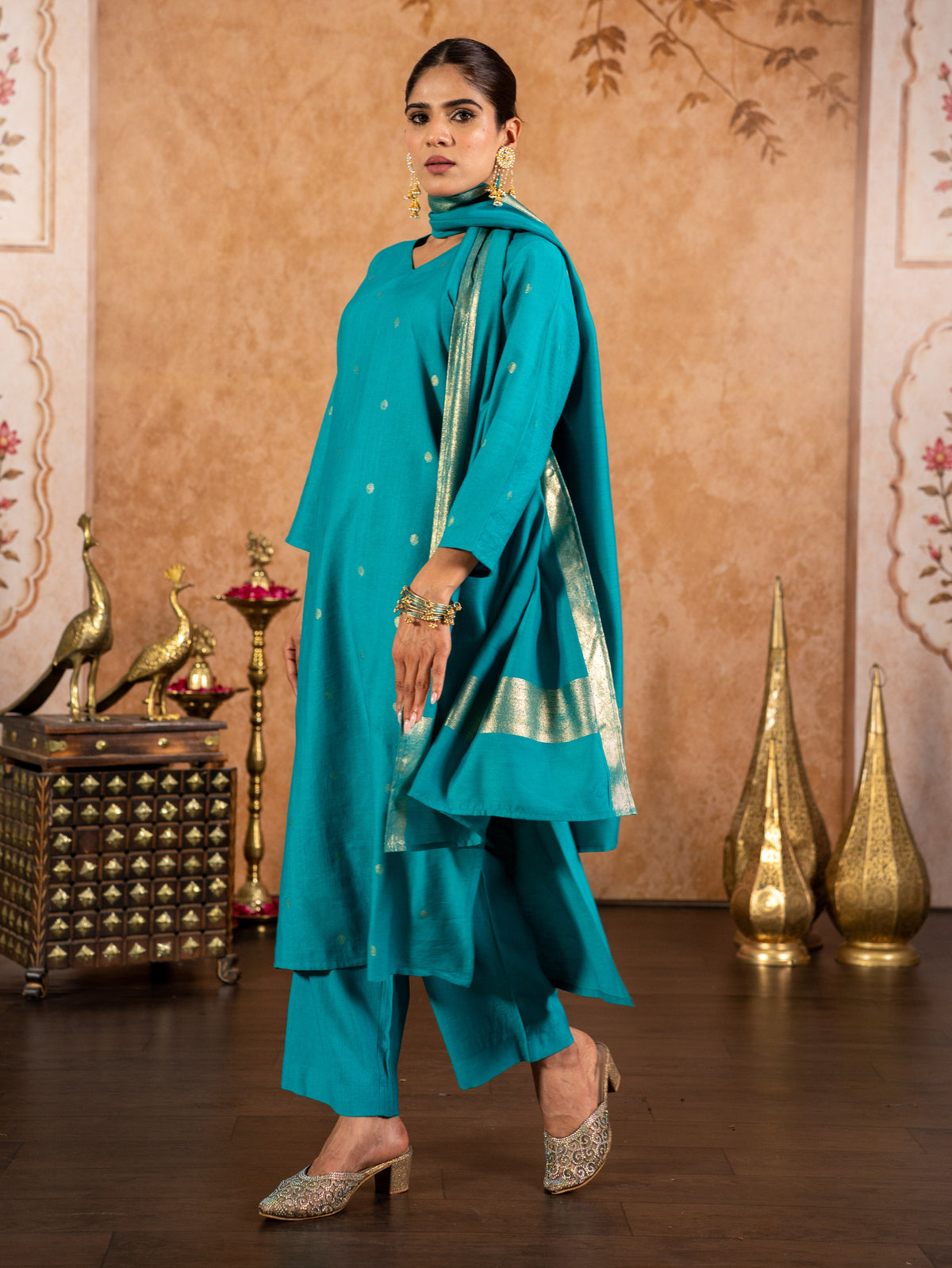 Chanderi Gold Foil Blue Dupatta