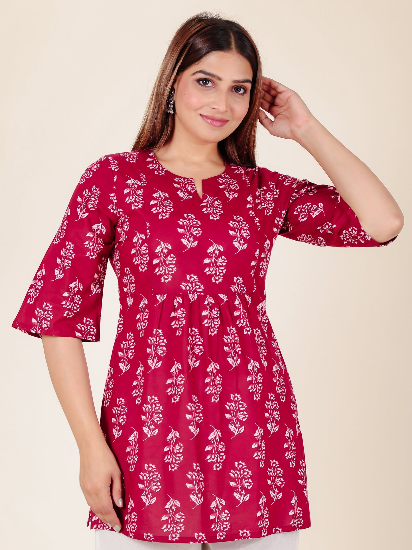 Soft Cotton Floral Straight Maroon Kurta