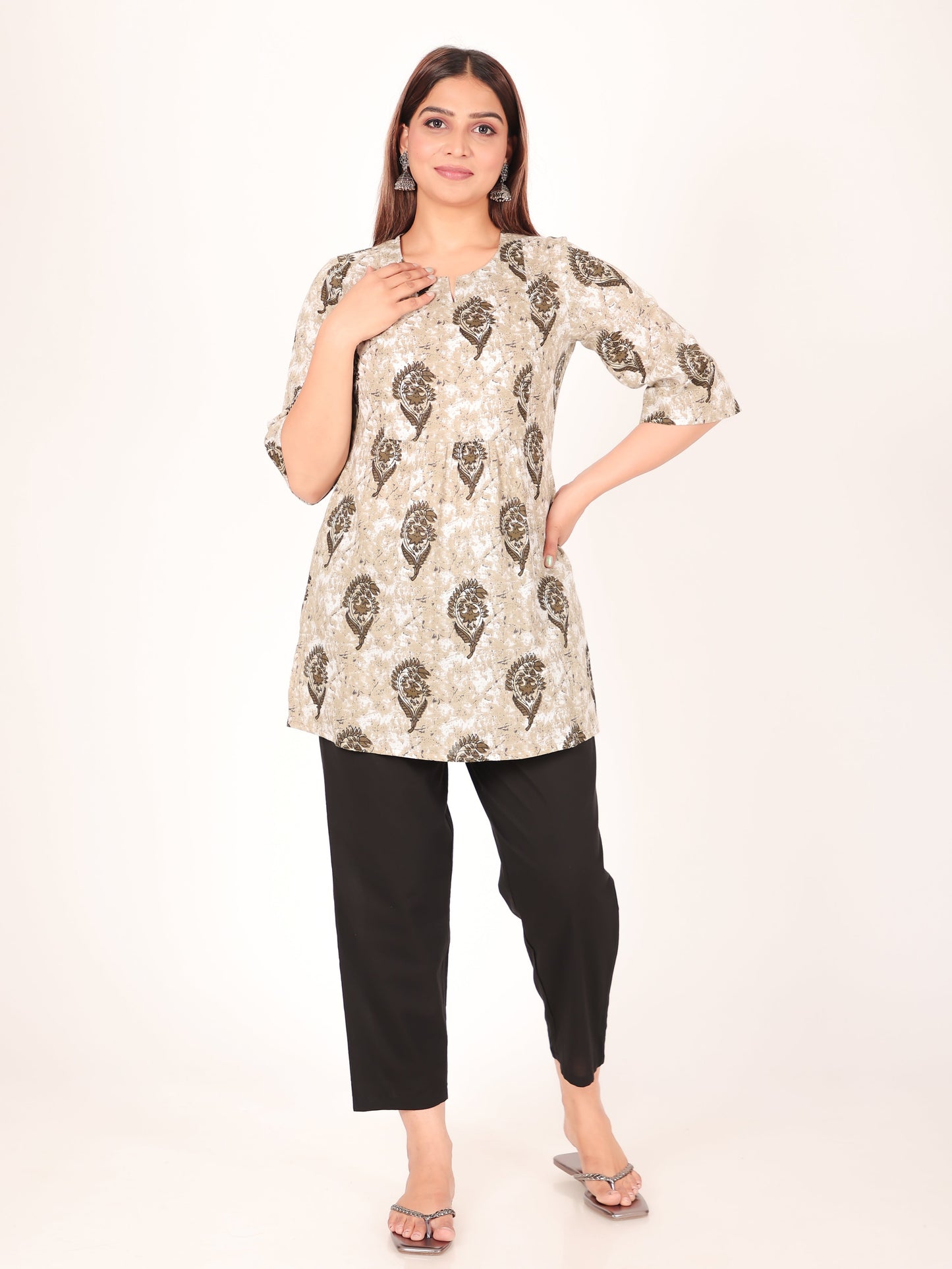 Soft Cotton Floral A-line Grey Kurti