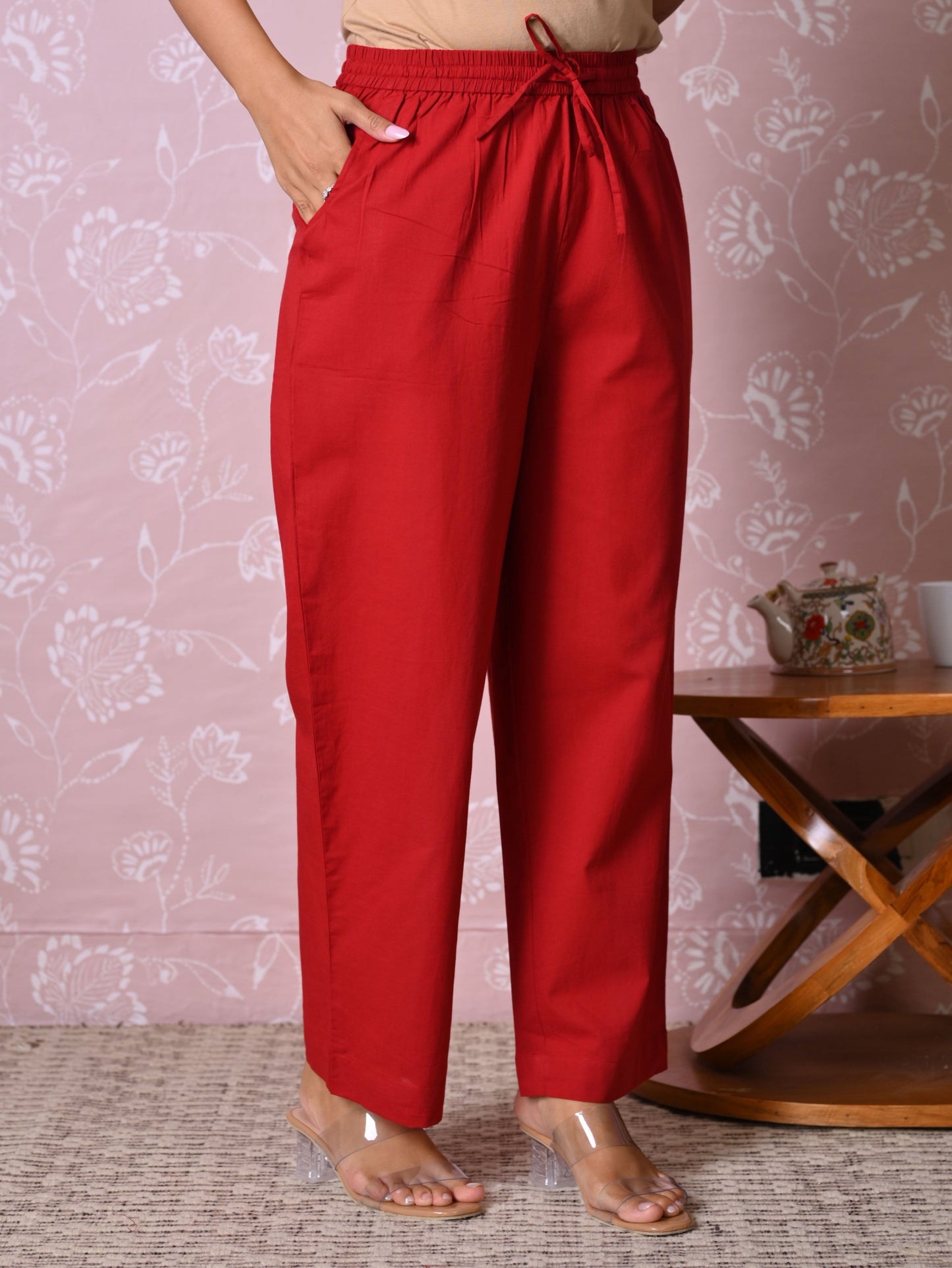 Soft cotton Solid Rust Straight Trousers