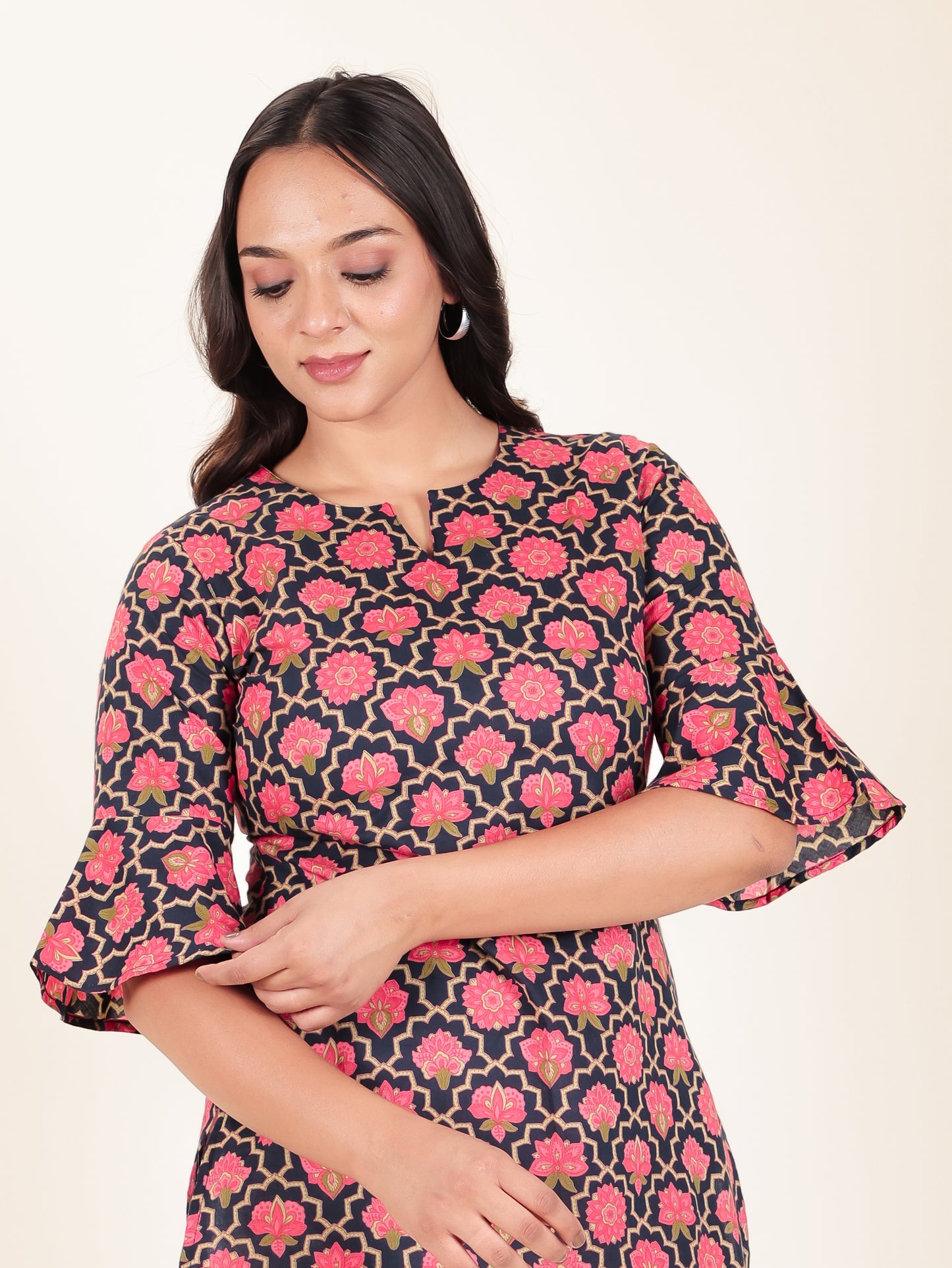 Soft Cotton Floral Straight Pink Kurti