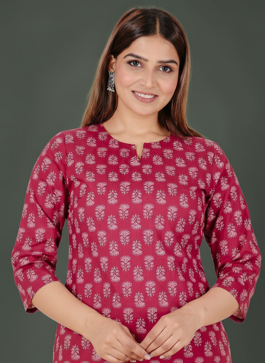Soft Cotton Butti Straight Maroon Kurta