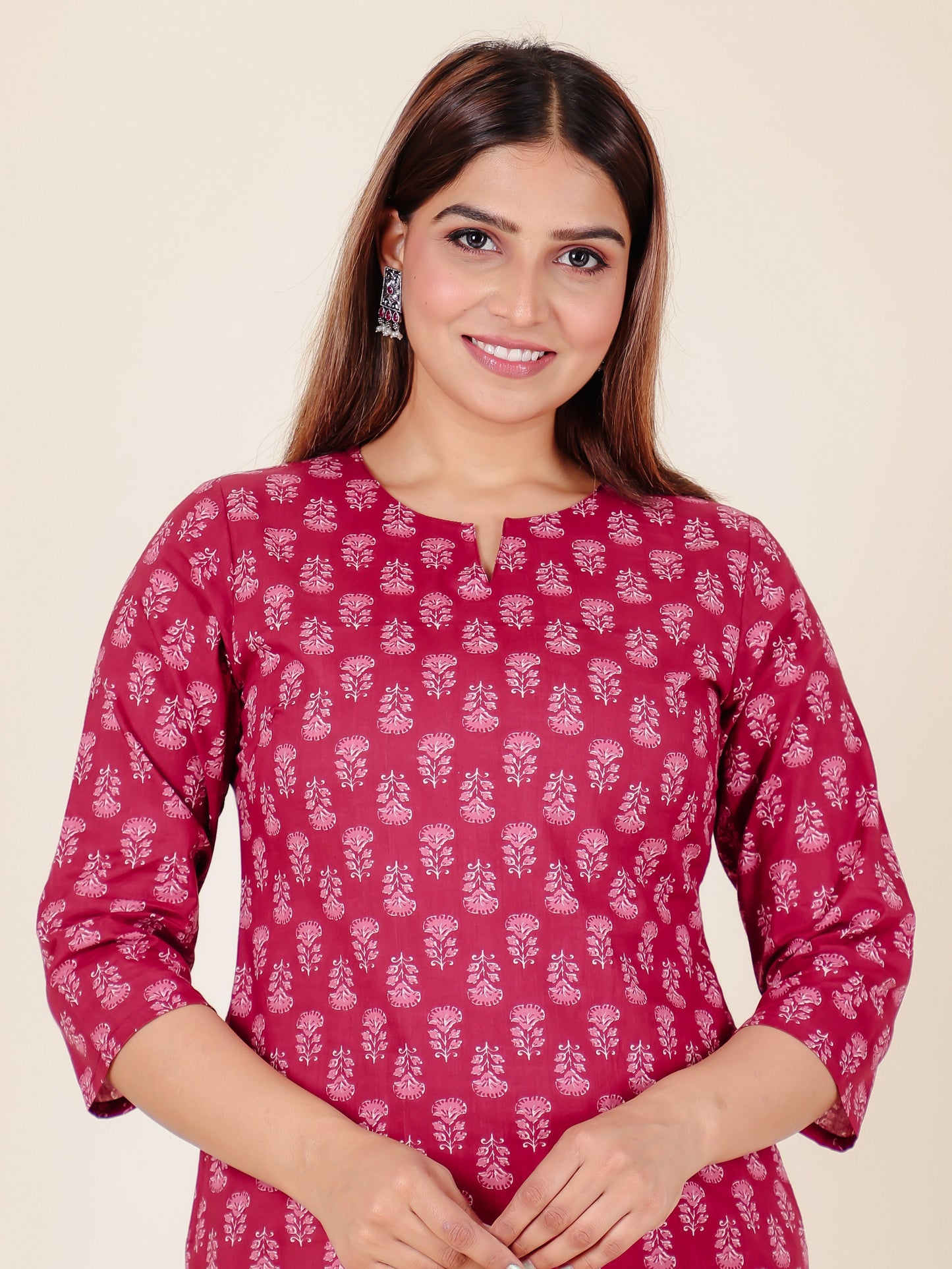 Soft Cotton Butti Straight Maroon Kurti