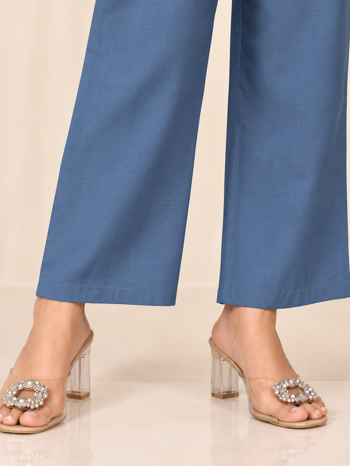 soft cotton solid blue straight trousers