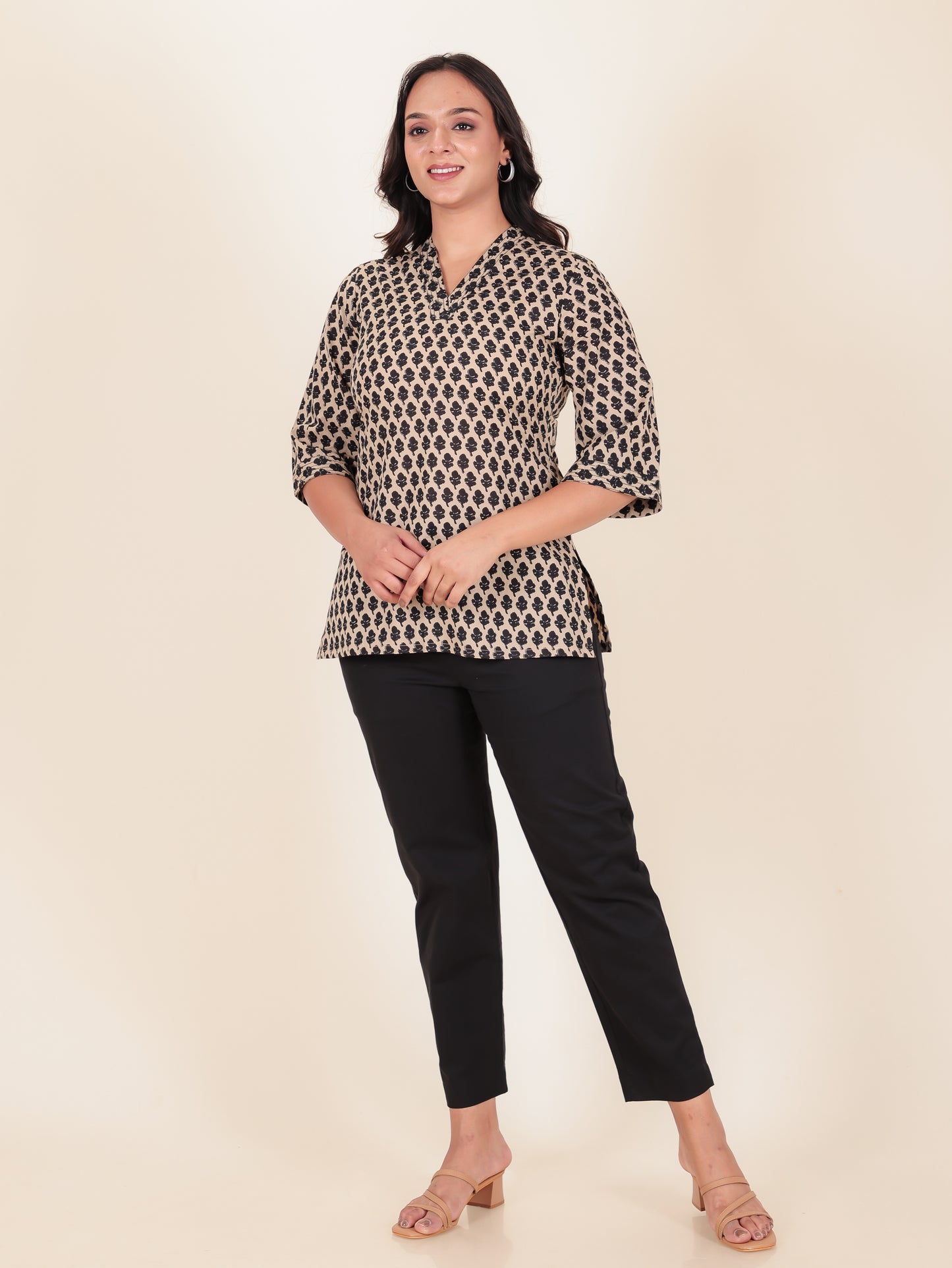 Soft Cotton Block Straight Beige Kurti