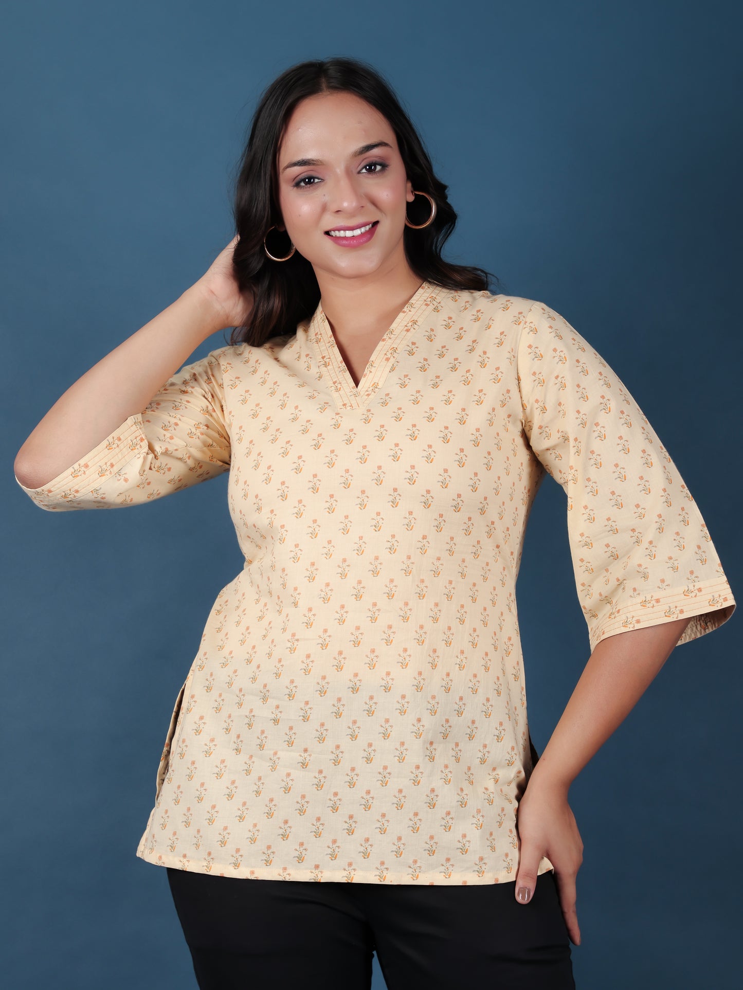 Soft Cotton Floral Straight Cream Kurti