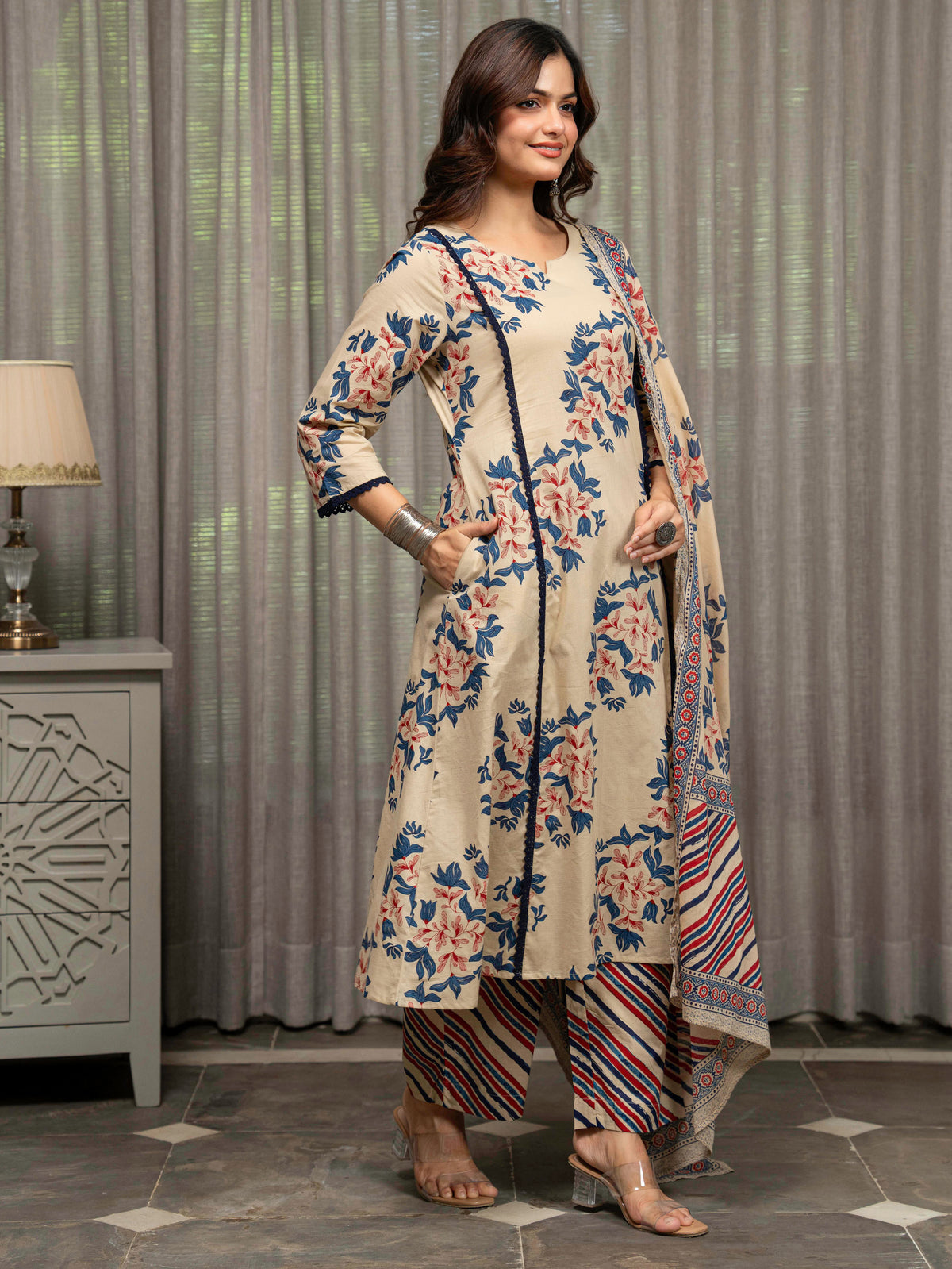Cotton Voile Floral Beige Dupatta