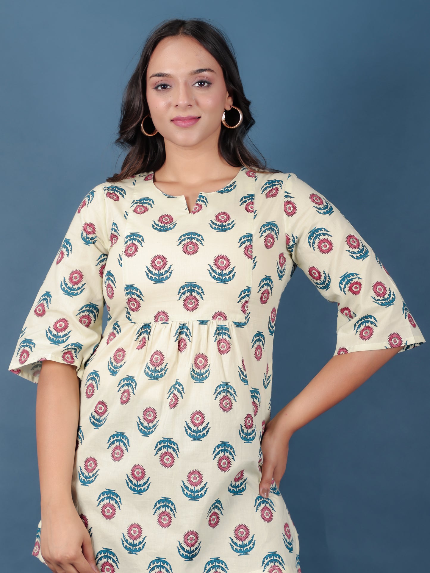 Soft Cotton Floral A-line Cream Kurti