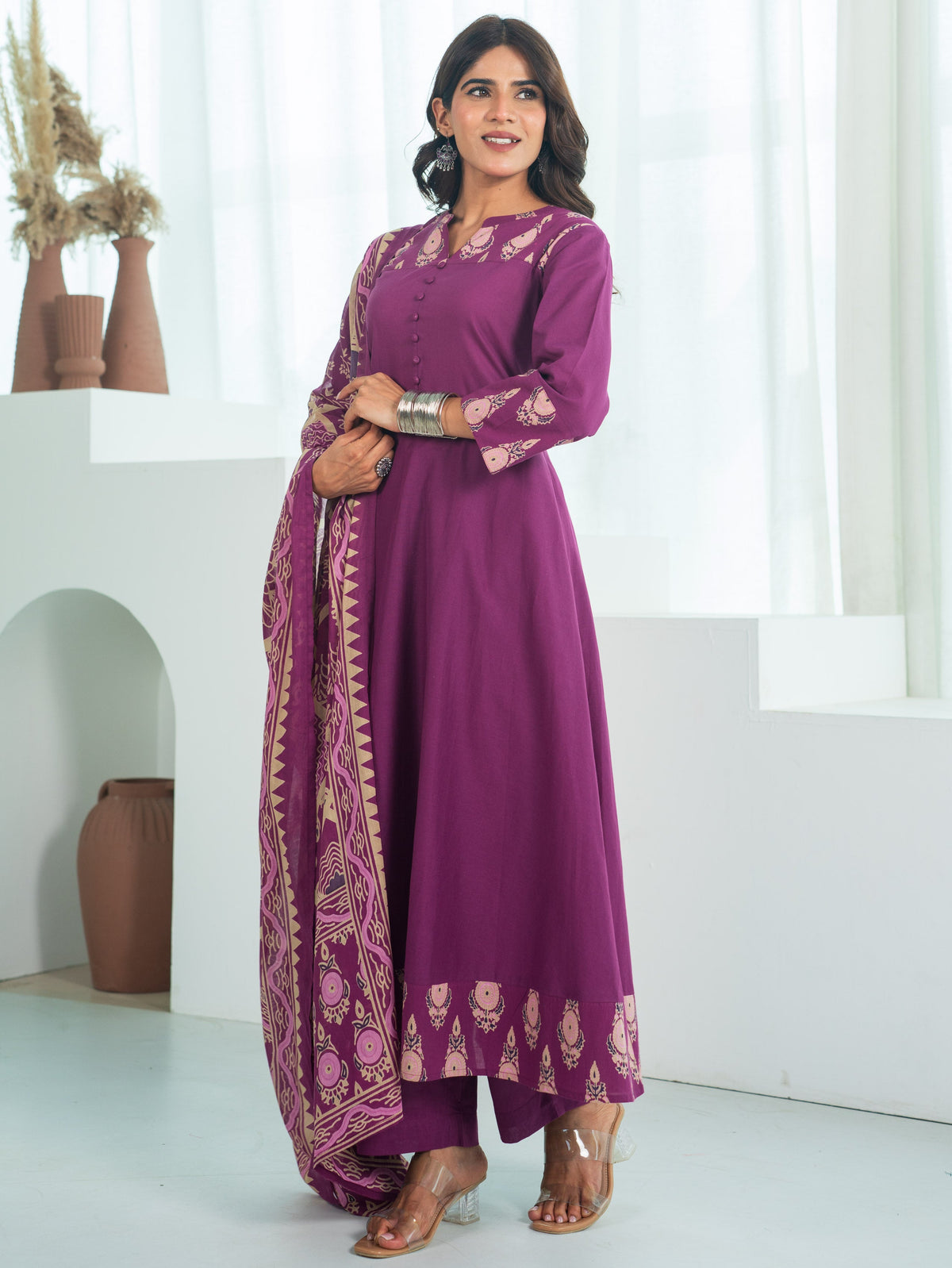 Cotton Voile Geometric Purple Dupatta