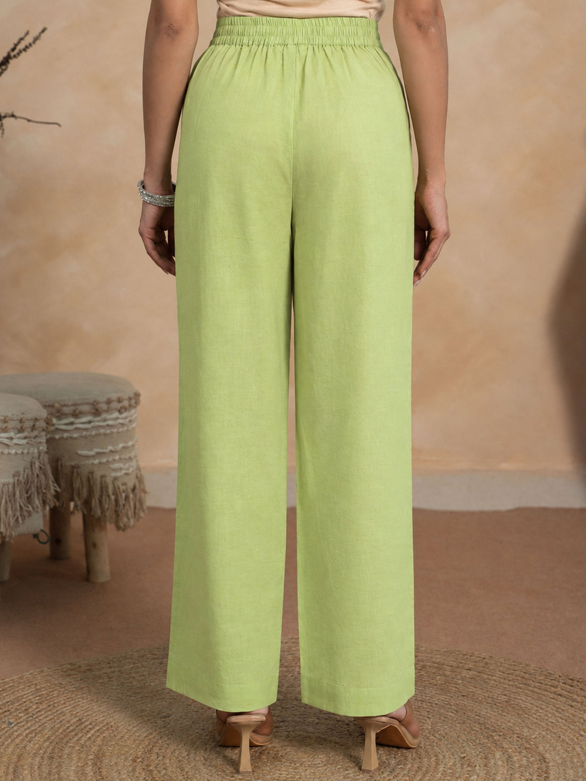 Soft Cotton Solid Green Straight Trousers