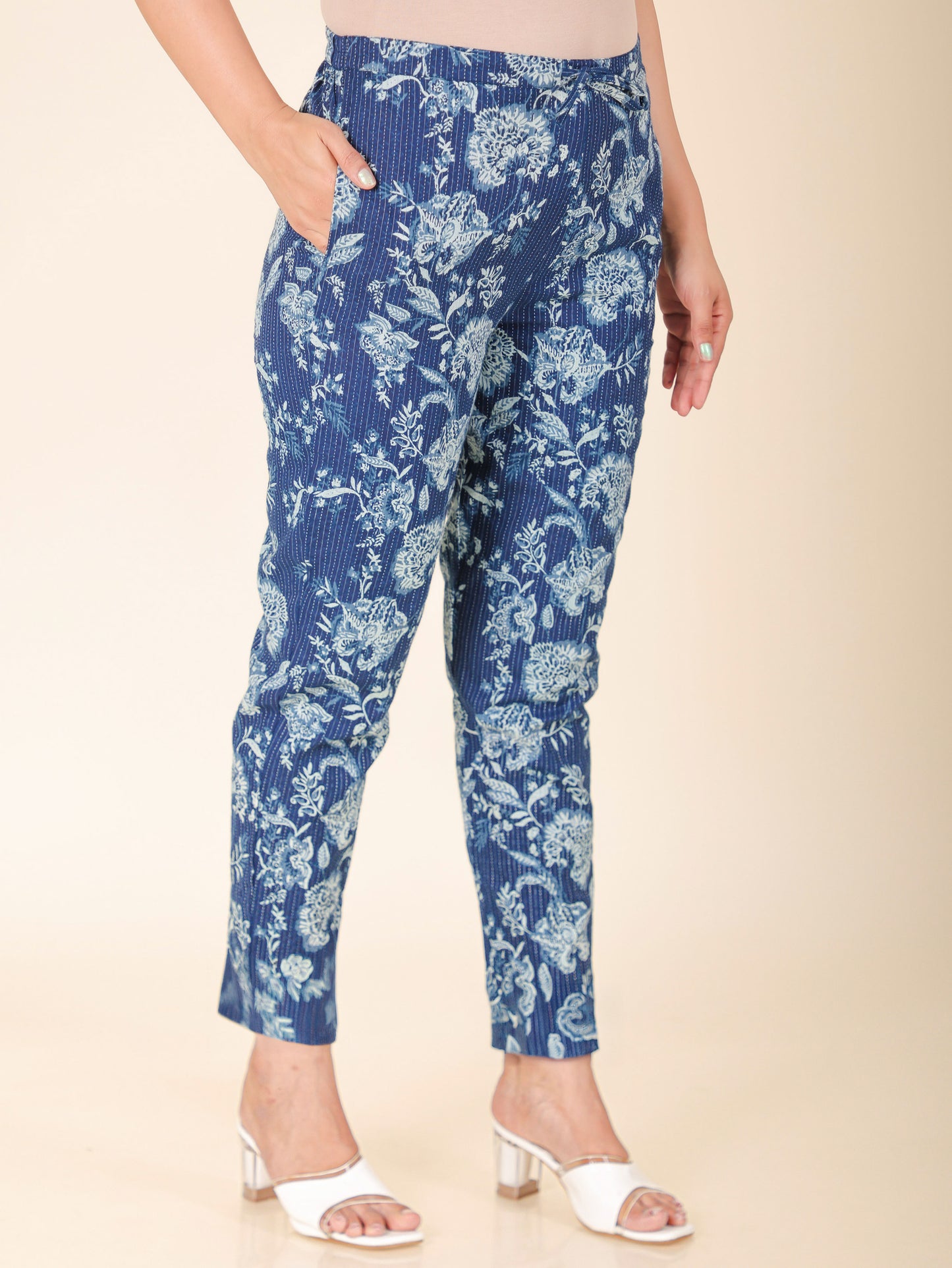 Kantha Cotton Floral Blue Tapered Trousers