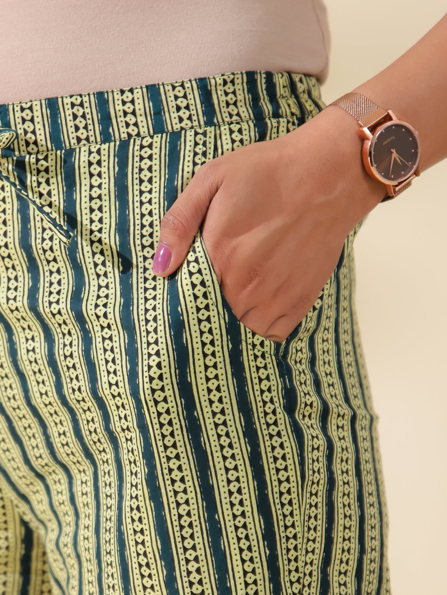 Soft Cotton Striped Green Straight Trousers
