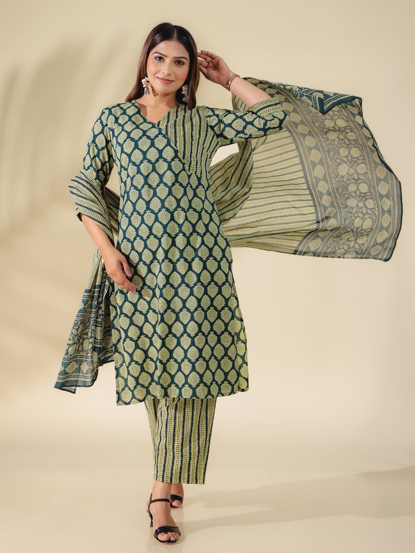 Voile Cotton Striped Green Dupatta