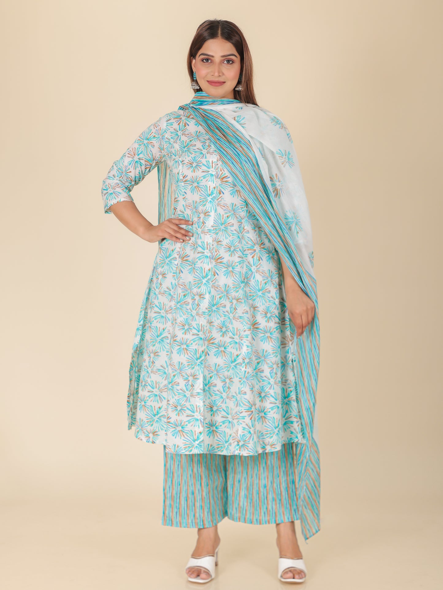 Voile Cotton Geometric Turquoise Dupatta