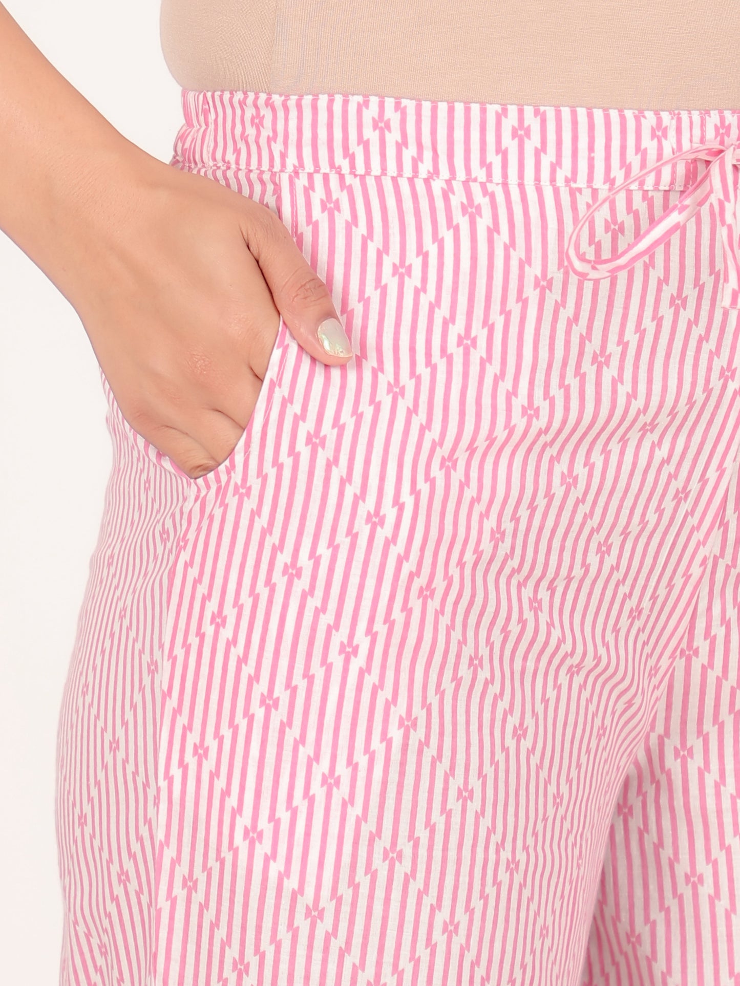 Soft Cotton Geometric Pink Straight Trousers