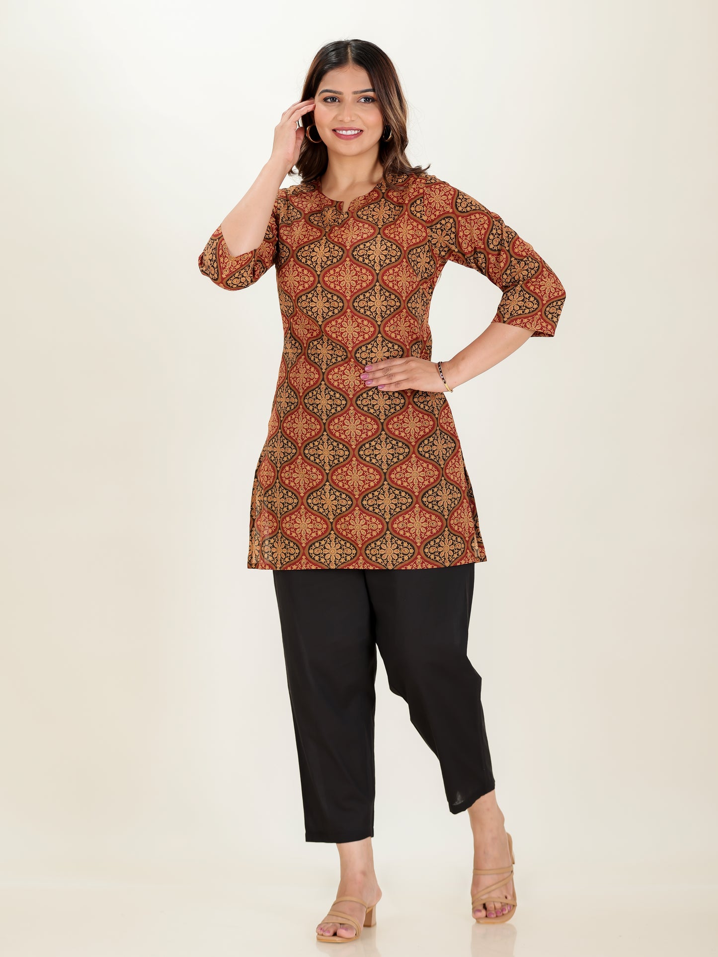 Soft Cotton Geometric Straight Red Kurti