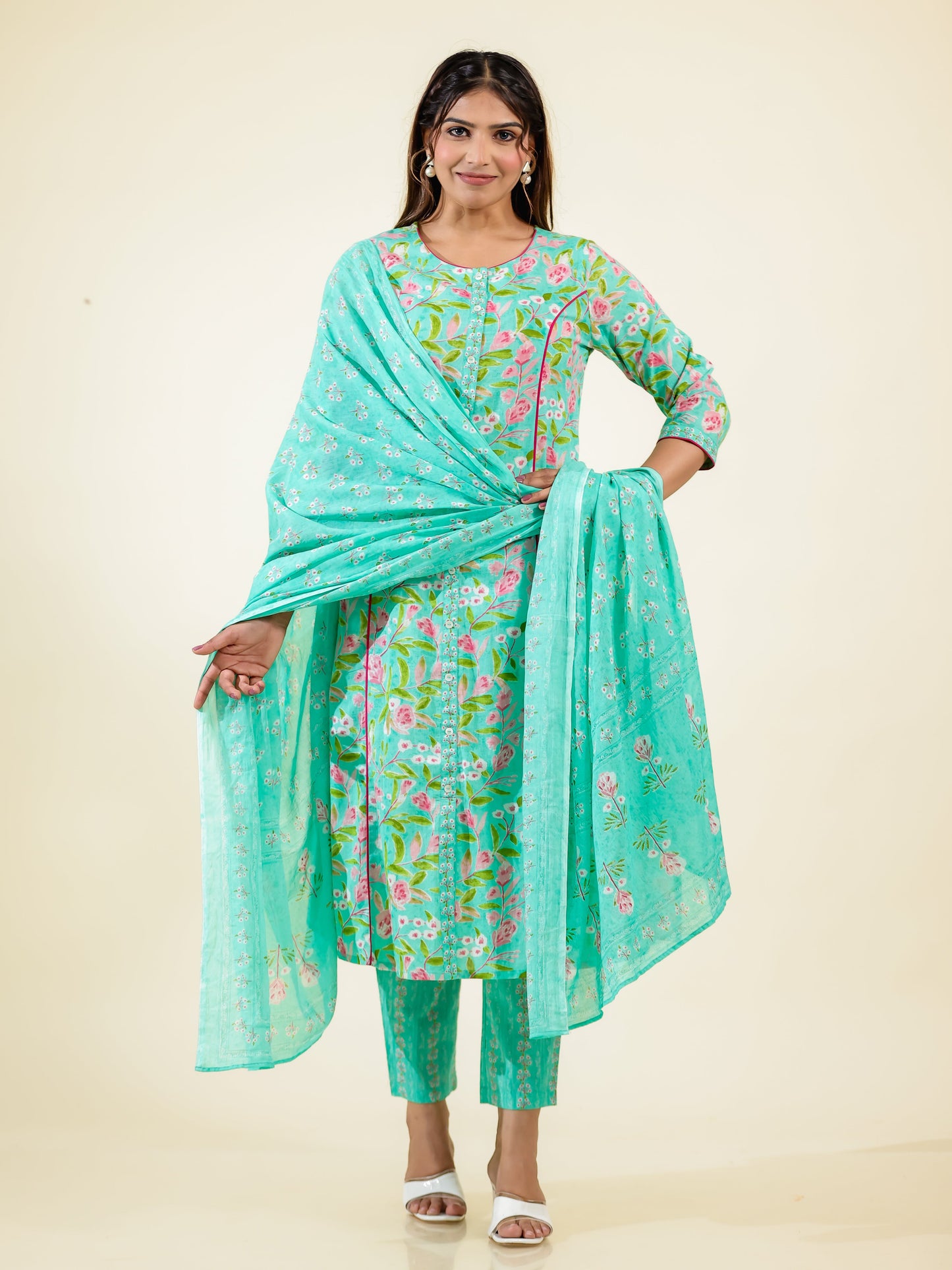 Cotton Voile Floral Green Dupatta