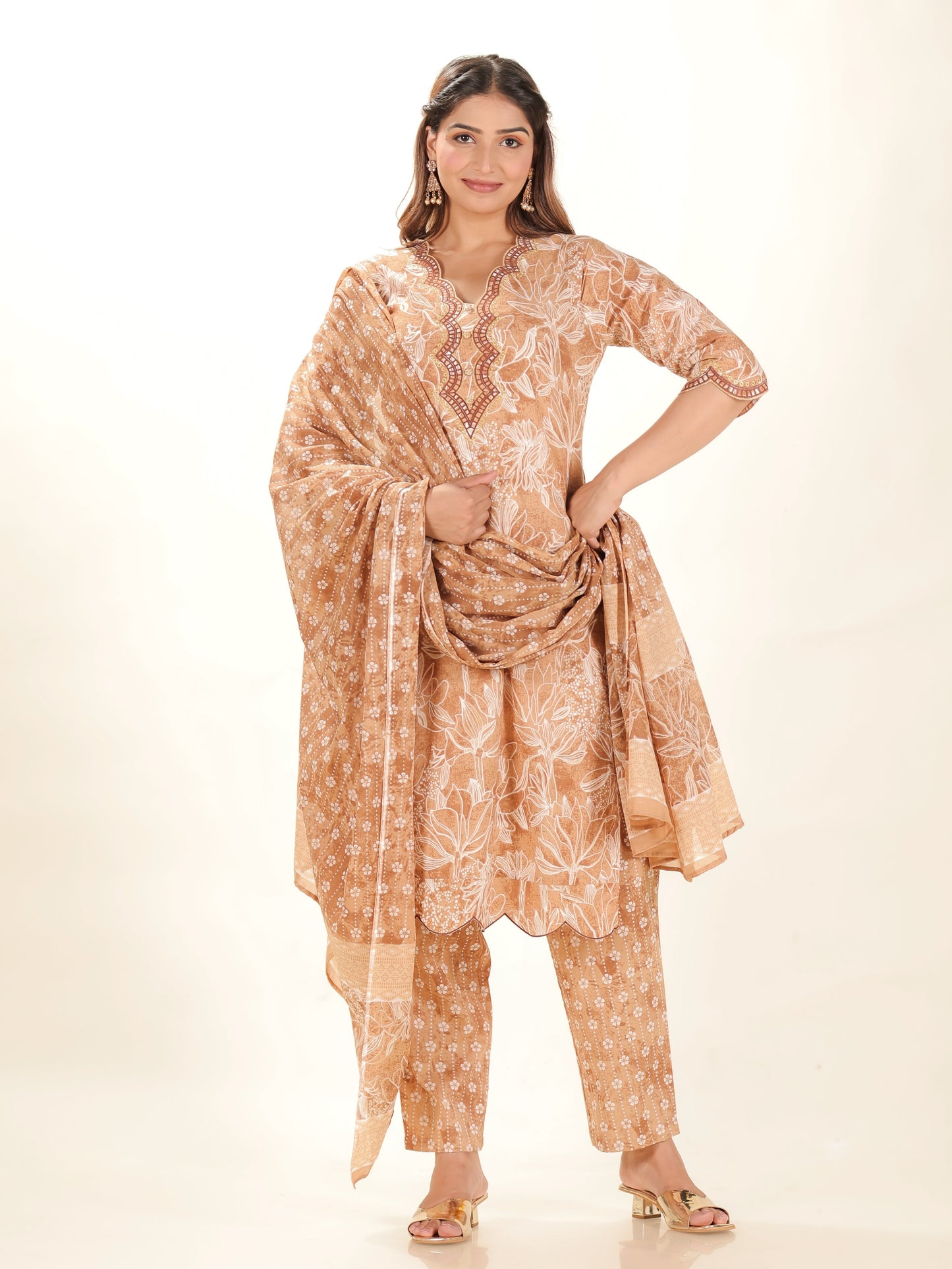 Voile Cotton Floral Brown Dupatta