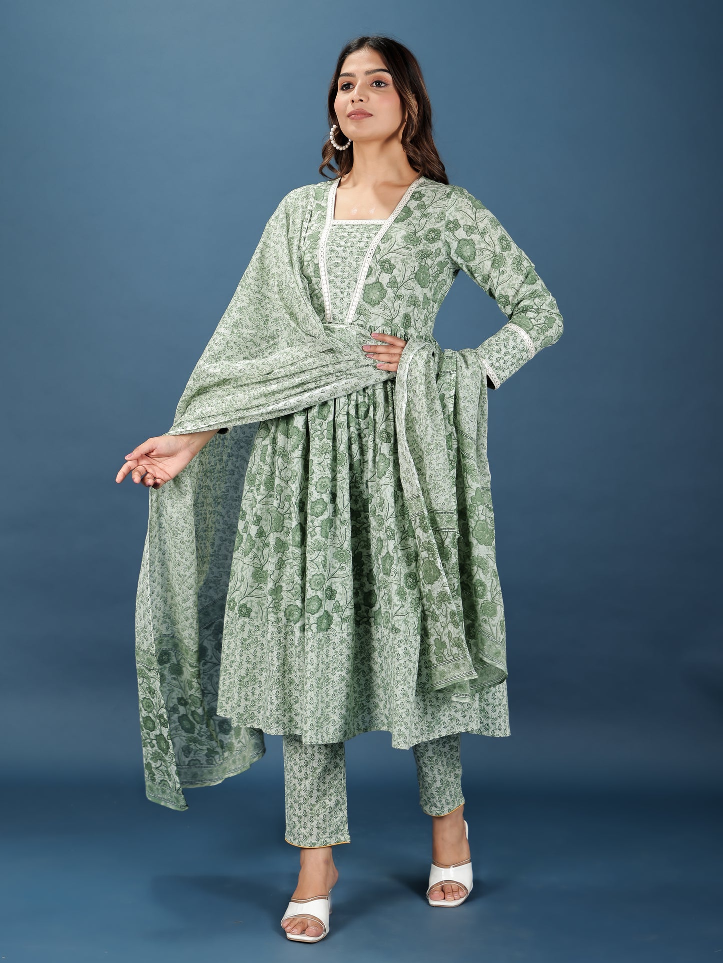 Voile Cotton Floral Green Dupatta