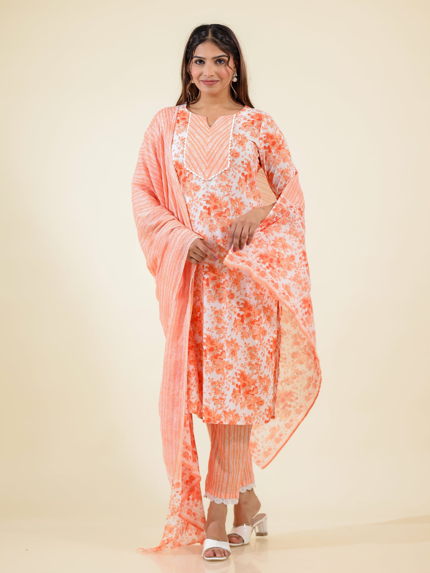 Voile Cotton Striped Orange Dupatta
