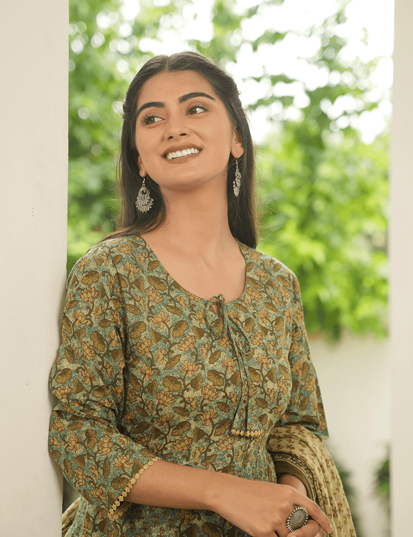 Soft Cotton Floral Anarkali Green Kurta