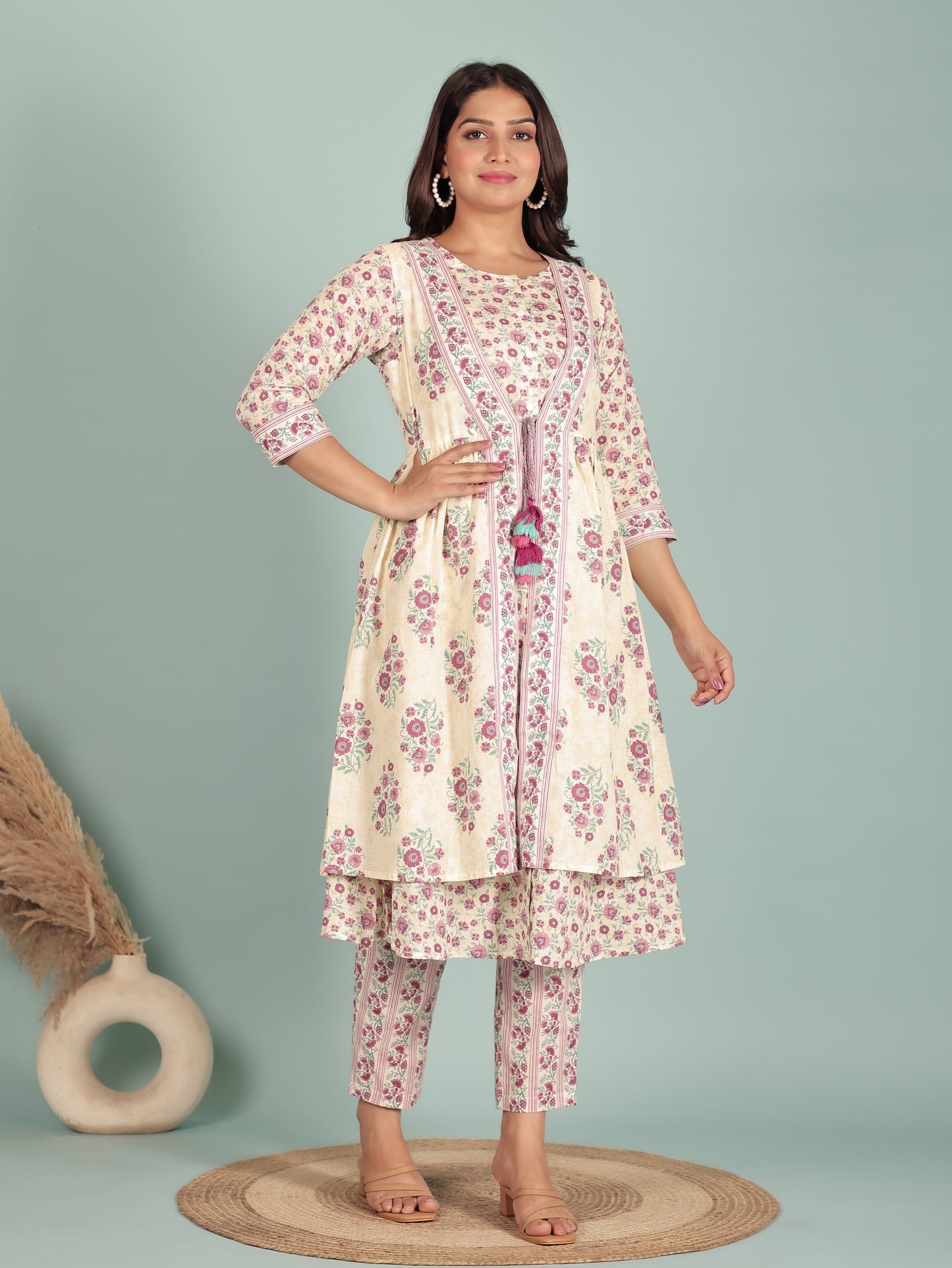 Soft Cotton Floral Beige Shrug