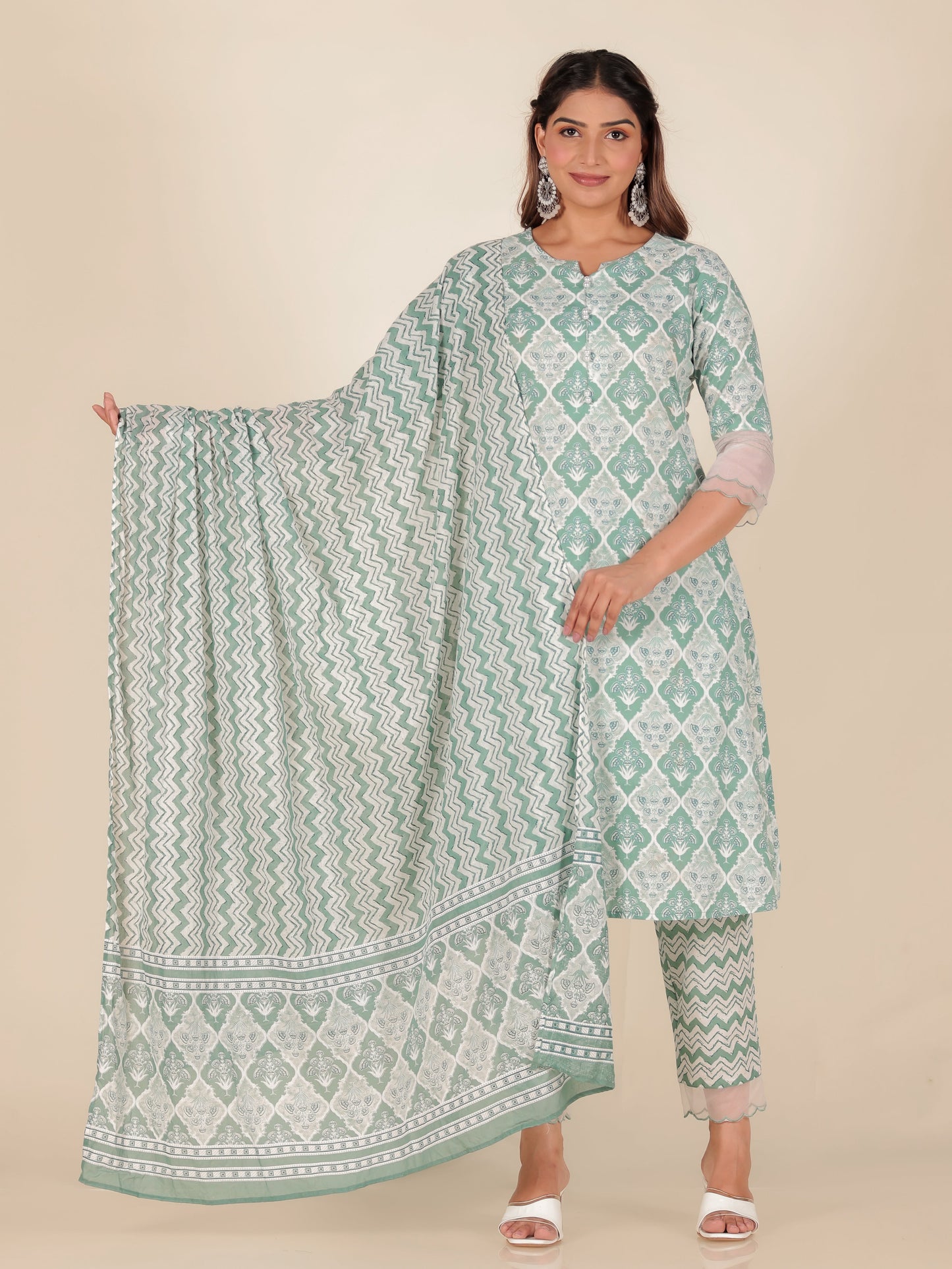 Voile Cotton Chevron Green Dupatta