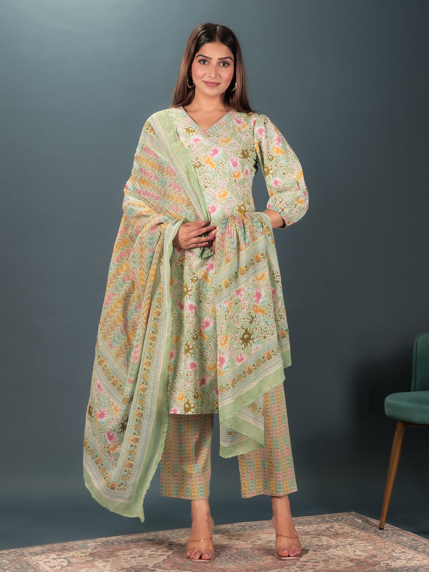 Voile Cotton Floral Green Dupatta