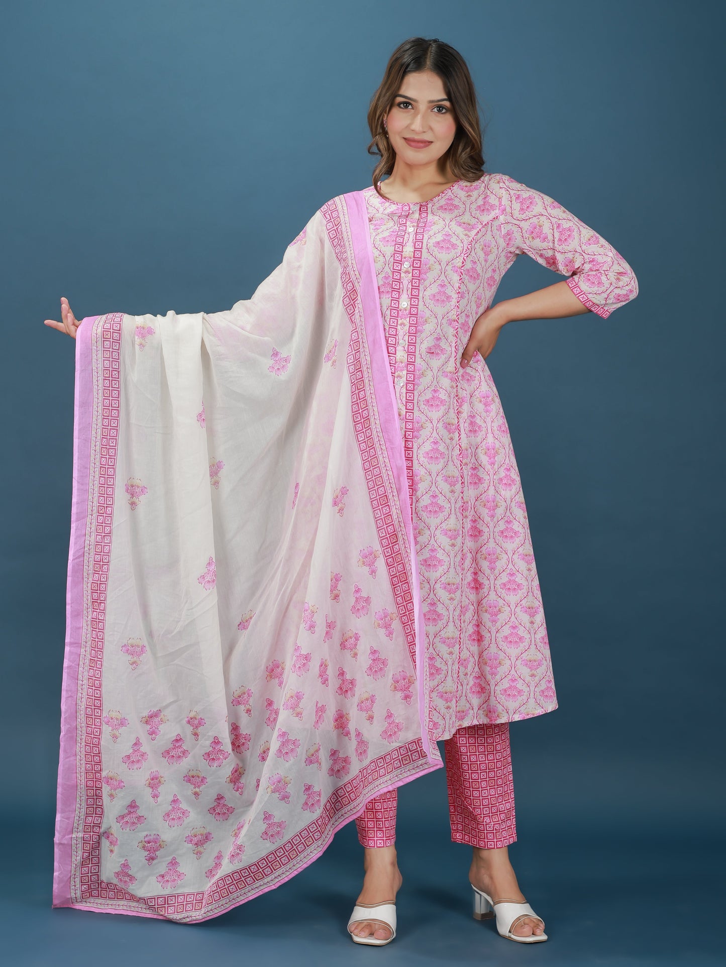 Voile Cotton Floral Pink Dupatta