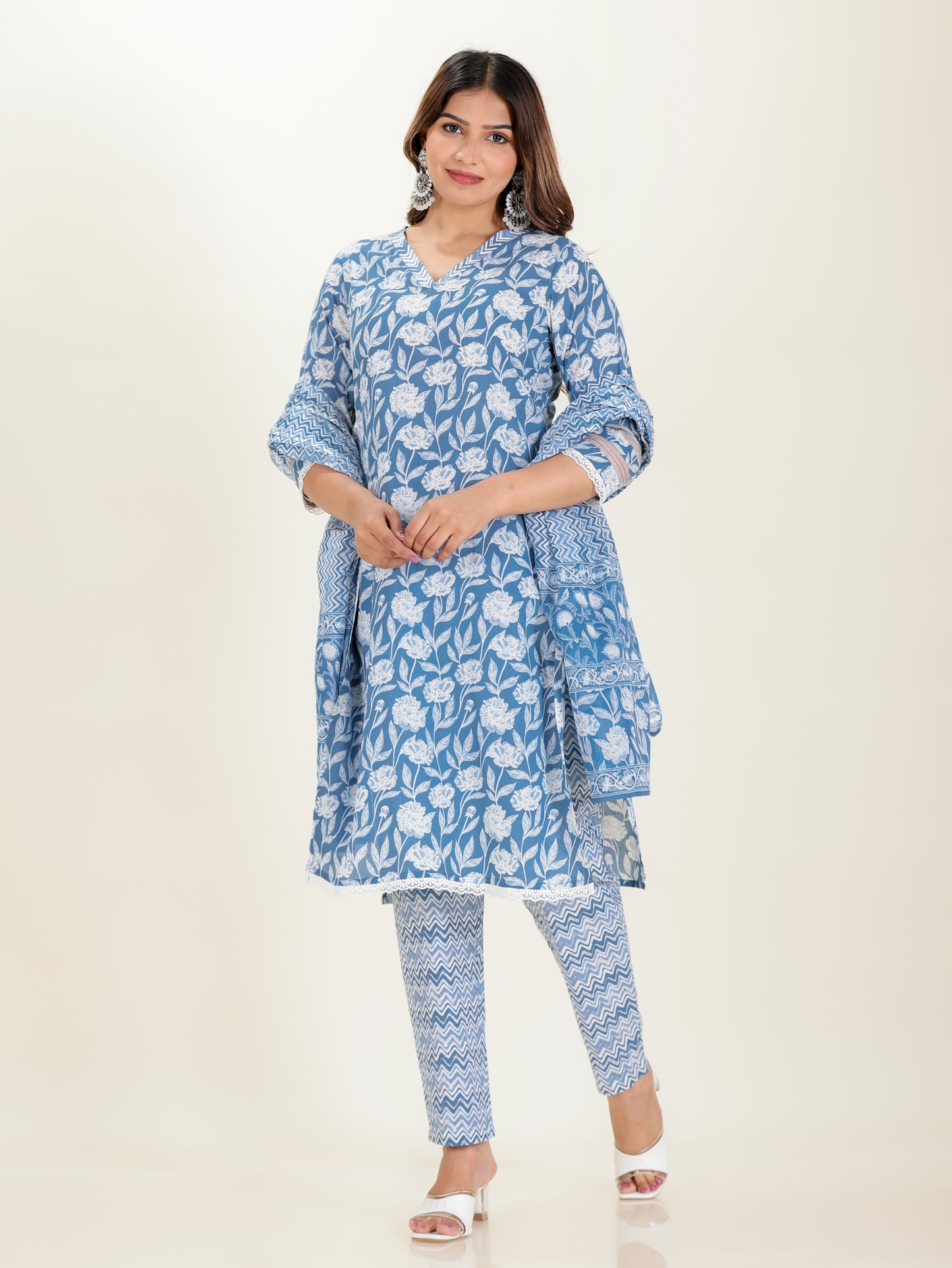 Voile Cotton Chevron Blue Dupatta