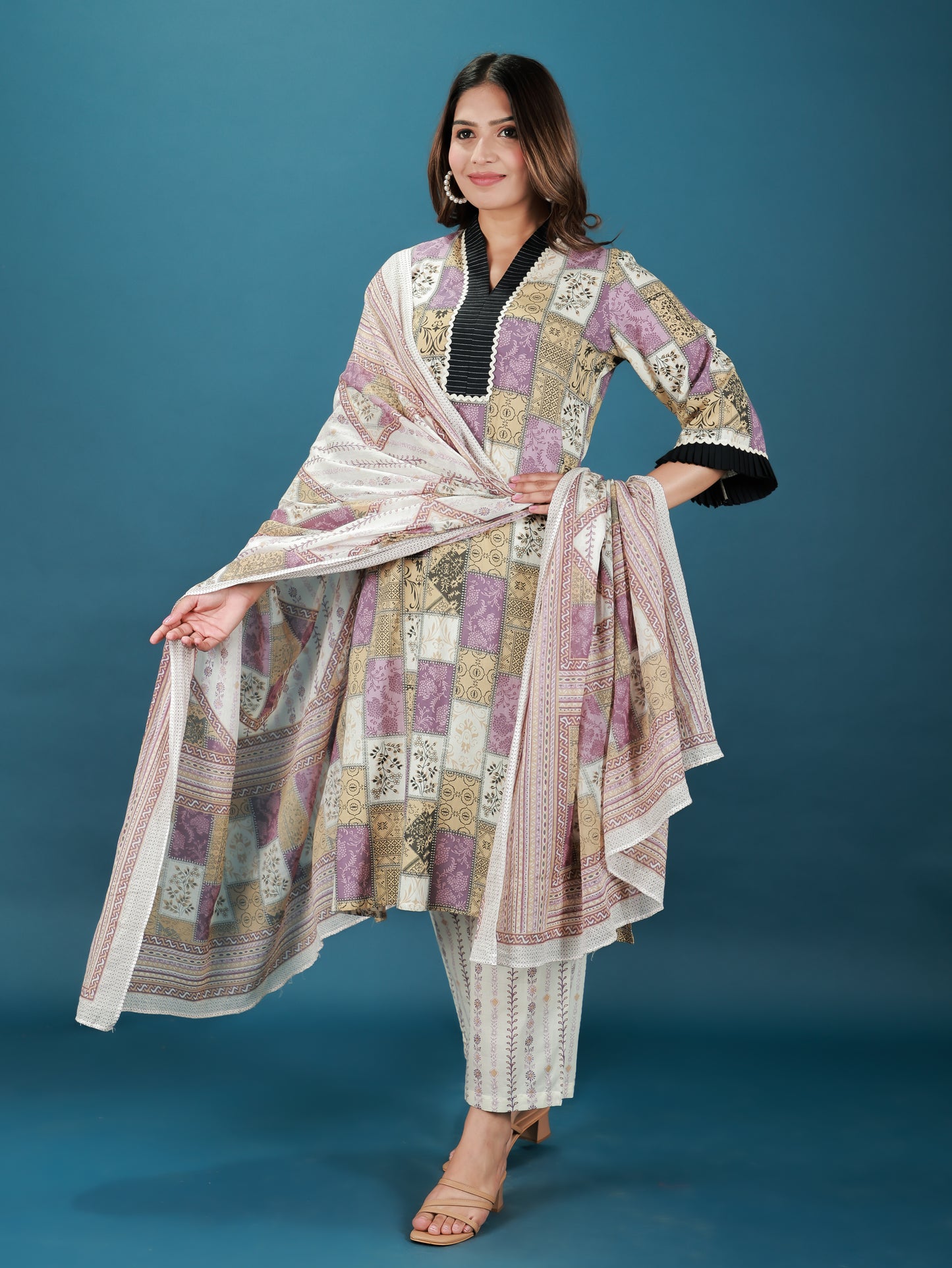 Voile Cotton Patchwork Purple Dupatta