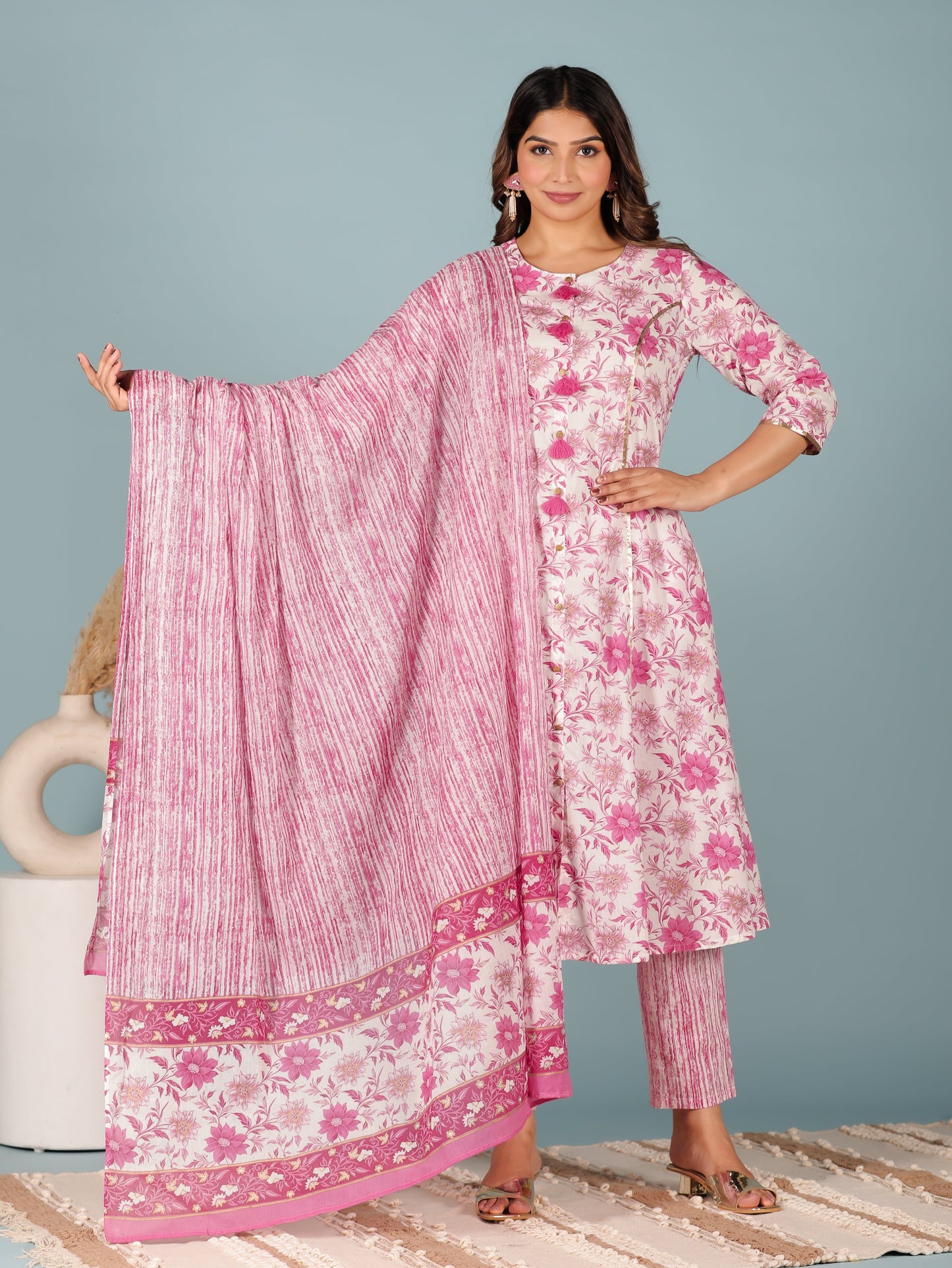 Voile Cotton Striped Pink Dupatta