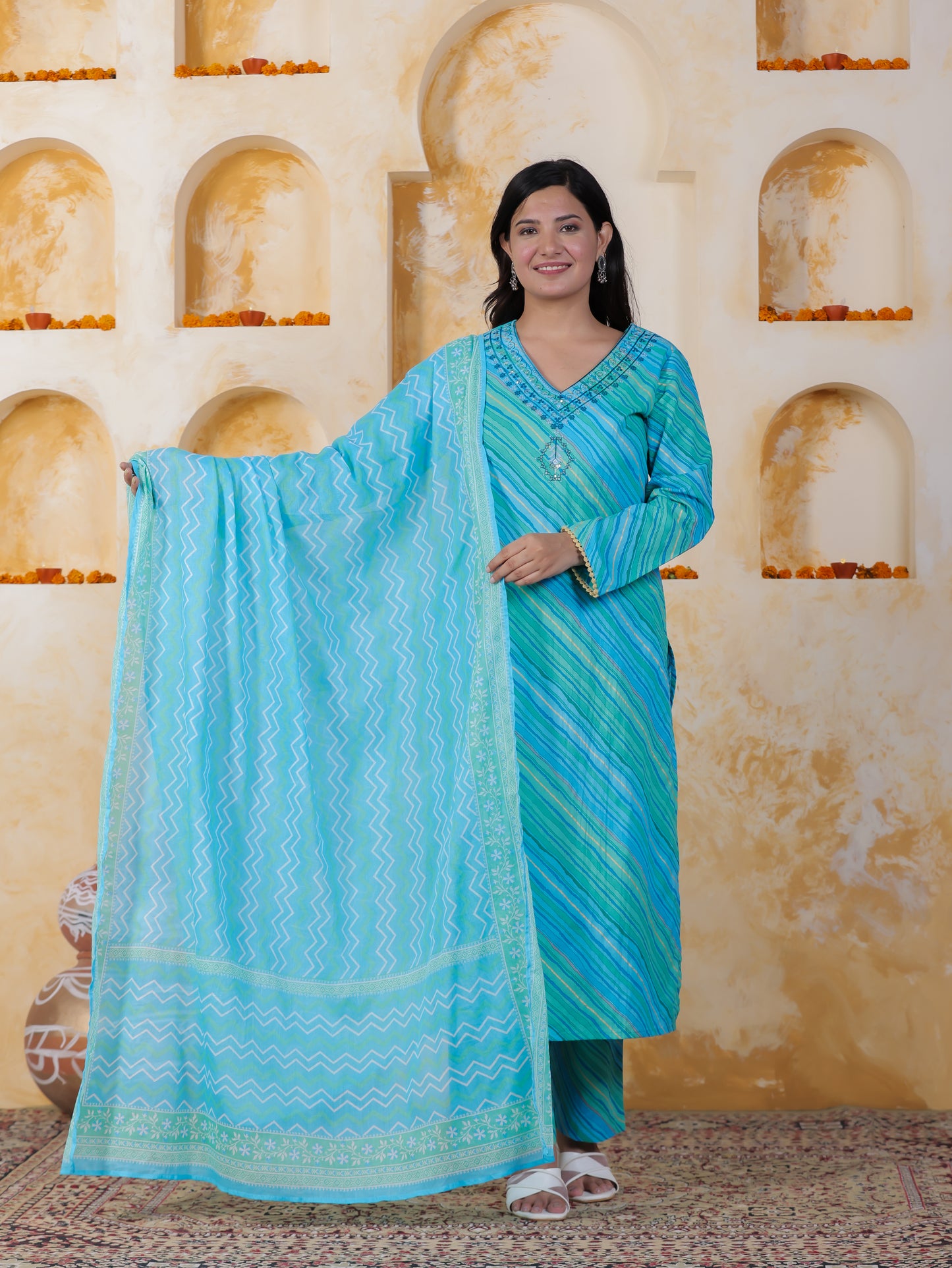 Embroidered Soft Cotton Leheriya Straight Blue Kurta