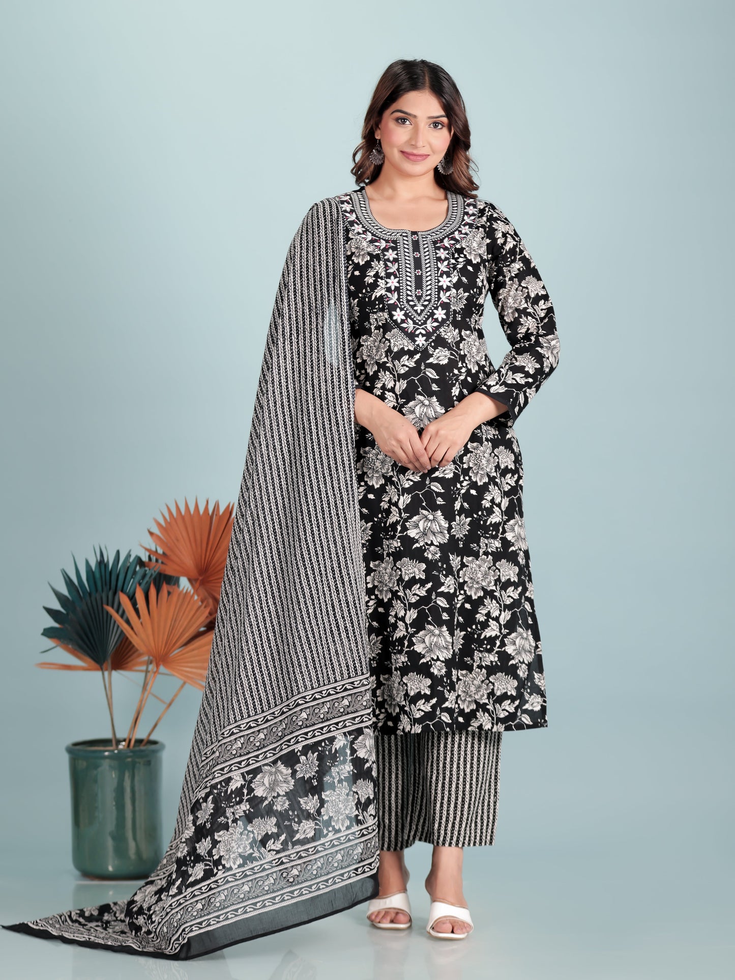 Voile Cotton Striped Black Dupatta