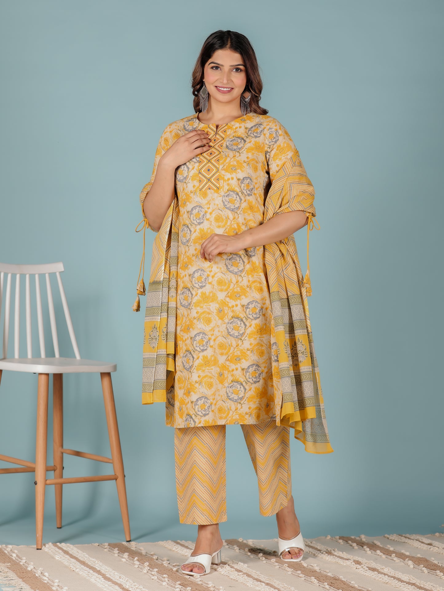 Soft Cotton Floral A-line Yellow Kurta