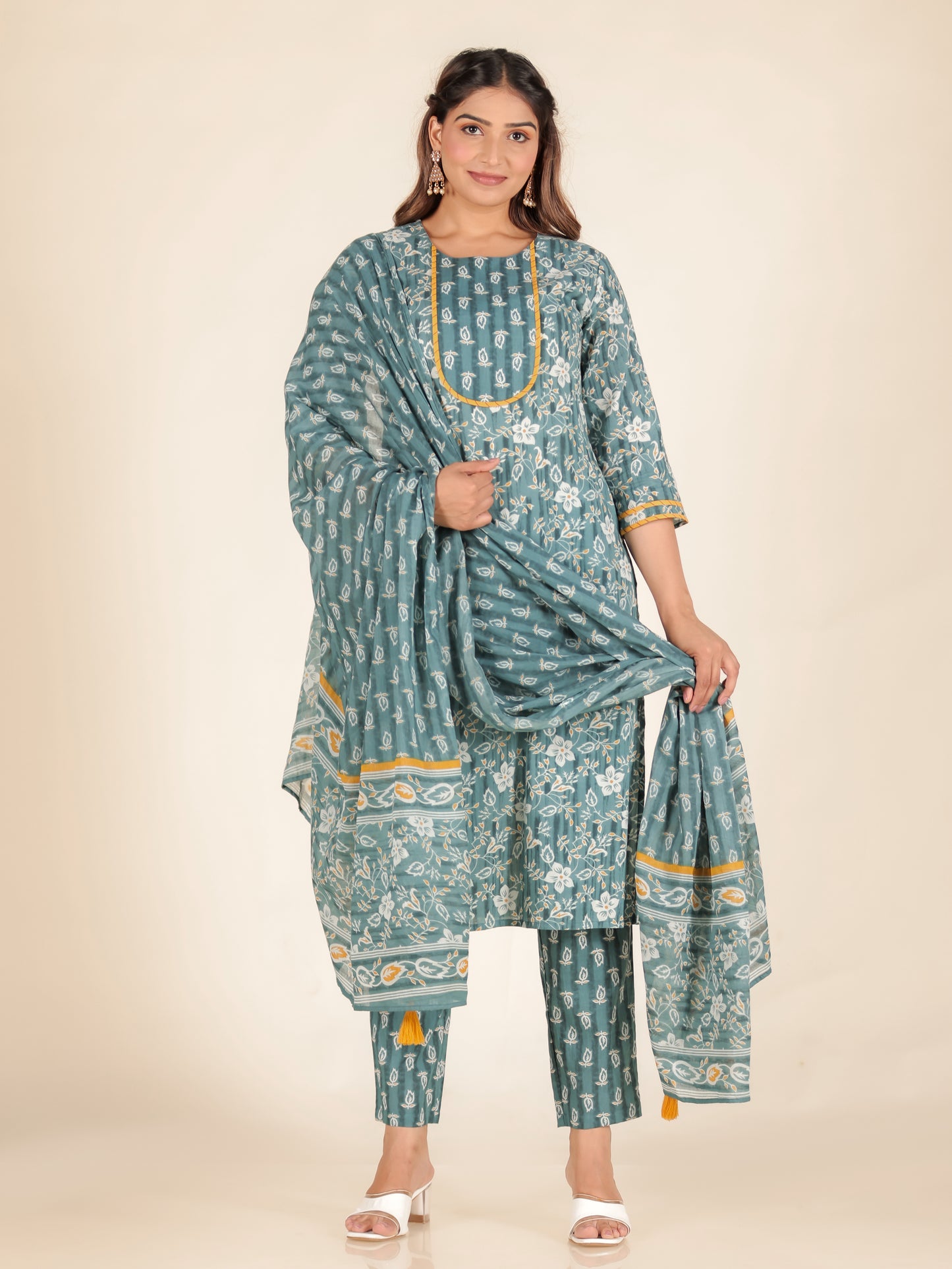 Voile Cotton Floral Blue Dupatta