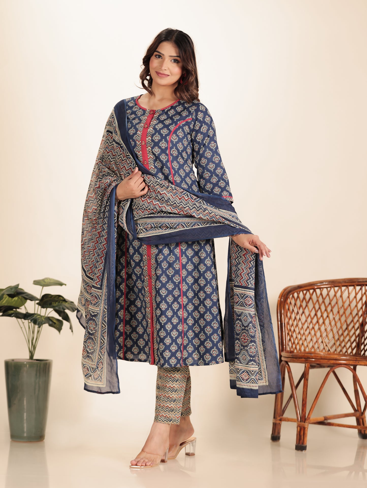 Soft Cotton Geometric A-line Blue Kurta