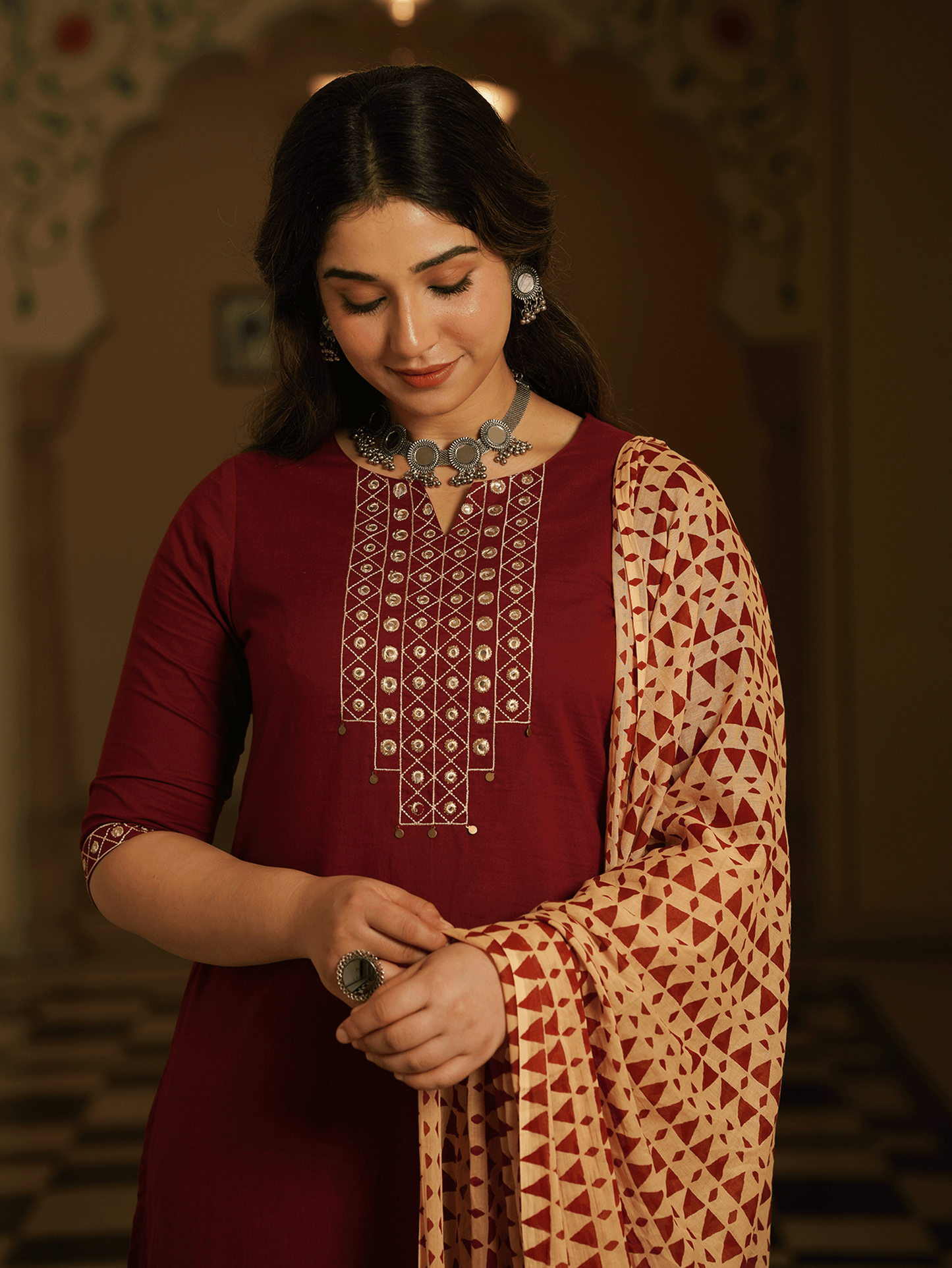 Cotton Voile Geometric Beige Dupatta