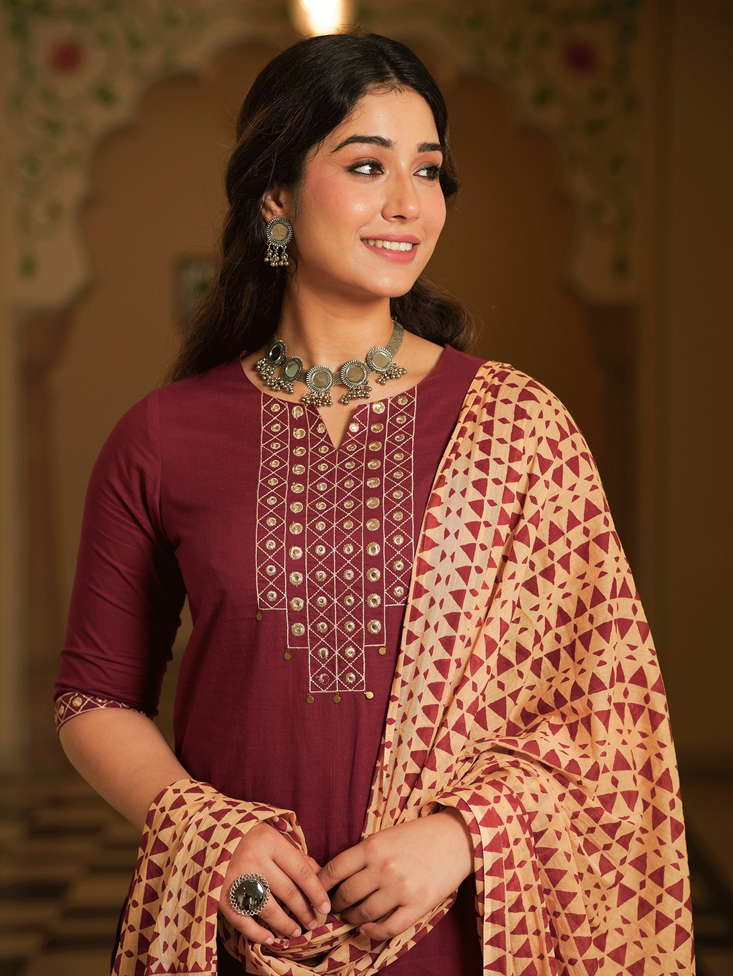 Embroidered Soft Cotton Solid A-line Maroon Kurta