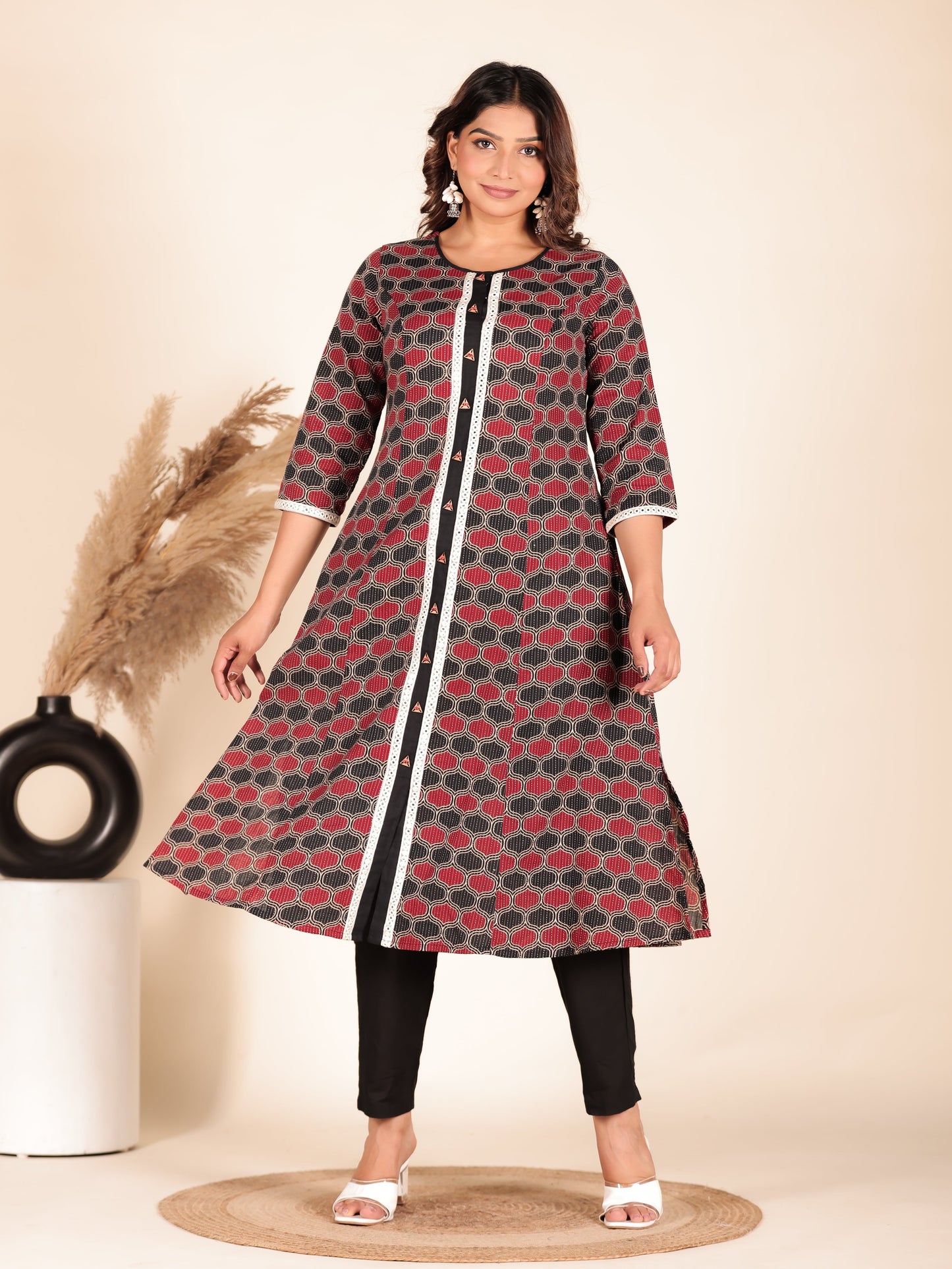 Kantha Cotton Geometric A-line Blue Kurta