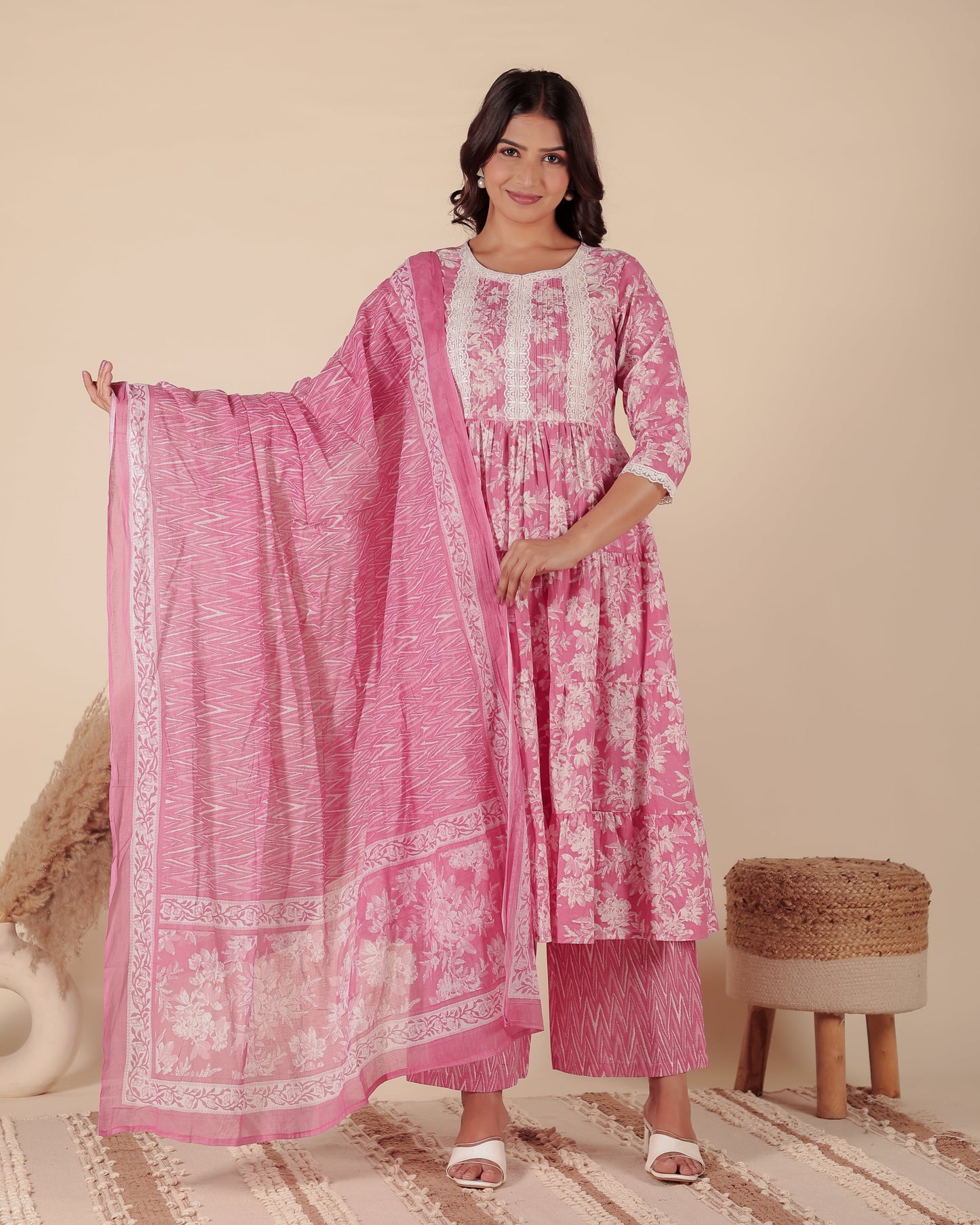 Voile Cotton Chevron Pink Dupatta