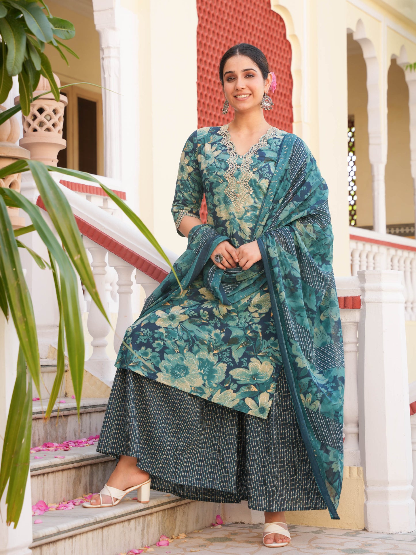 Cotton Voile Patchwork Teal Dupatta